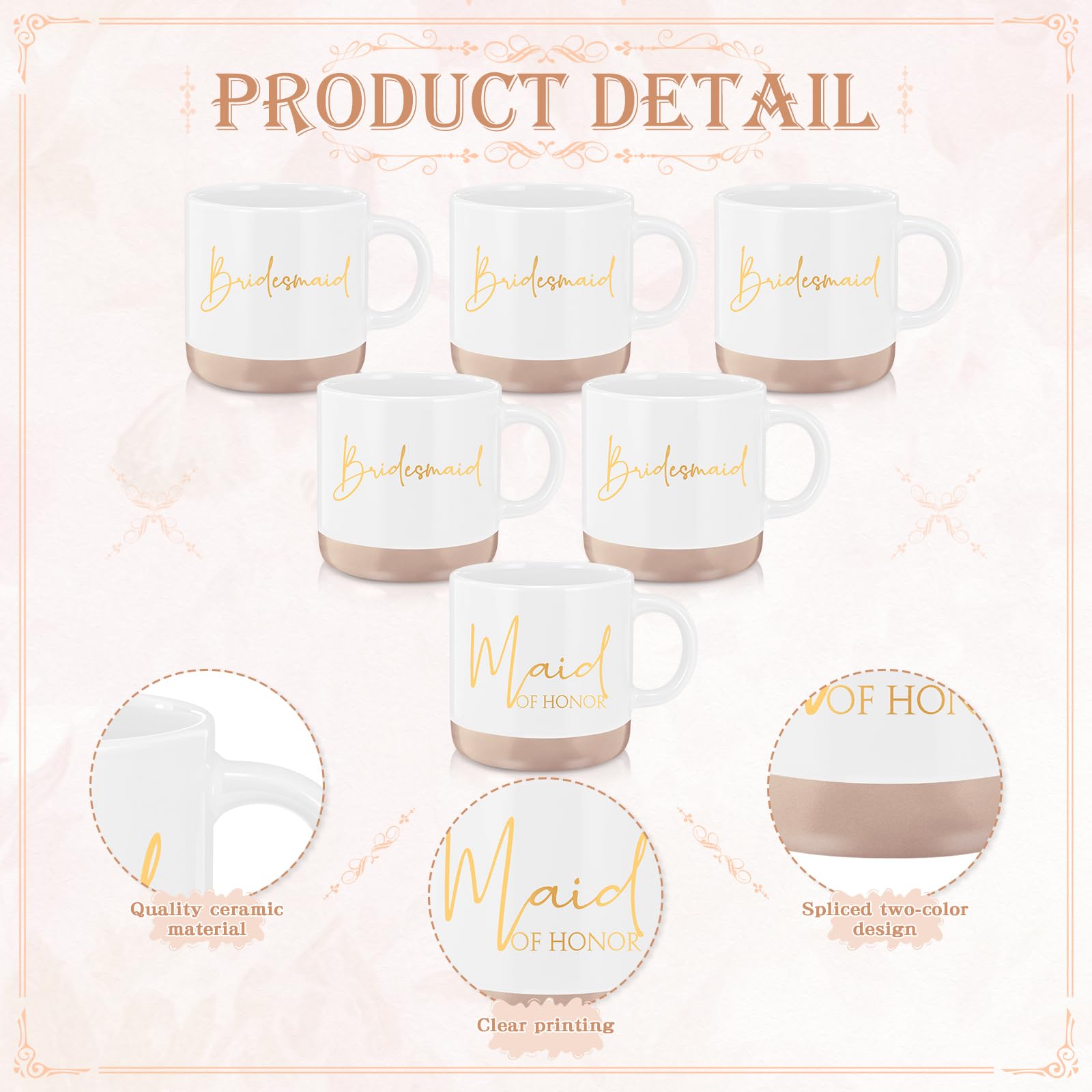 Didaey 42 Pcs 6 Sets Wedding Favors Bridesmaid Proposal Gifts Maid of Honor Ceramic Coffee Cups Cosmetic Makeup Bags Invited Cards Scrunchies Knotted Bracelets Jewelry Bags Hair Claw Clips(Champagne)