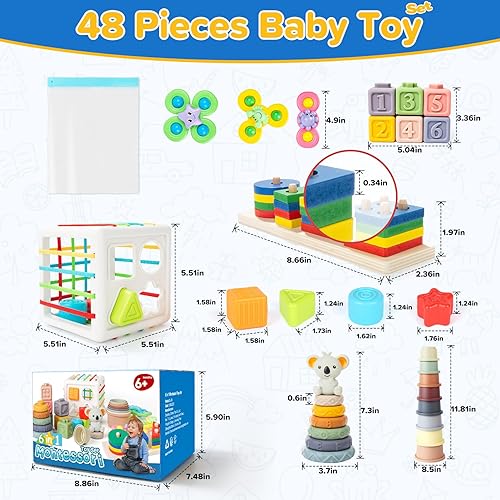 Miniatura 8 de Juguetes para bebés 6 en 1 de 6 a 12 meses, juguetes Montessori para bebés de 6 a 12 a 18 meses, juguete de dentición para bebés, bloques apilables