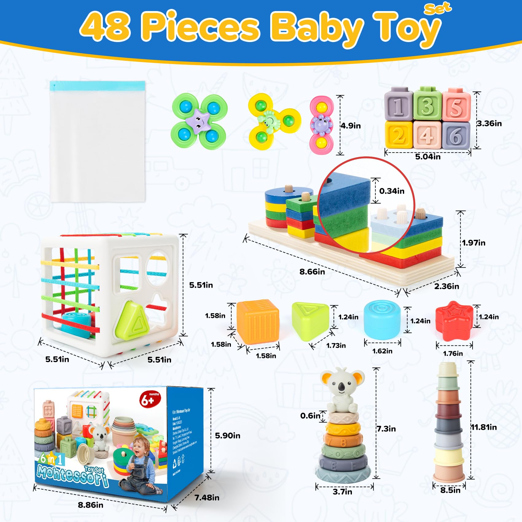 6-in-1 Babyspielzeug 6 bis 12 Monate, Montessori Spielzeug für Babys 6-12-18 Monate, Baby Zahnen Spielzeug Stapelblöcke Ringe Sensorische Box, sensorische Pädagogik für Babys im Alter von 1-3 Jahren