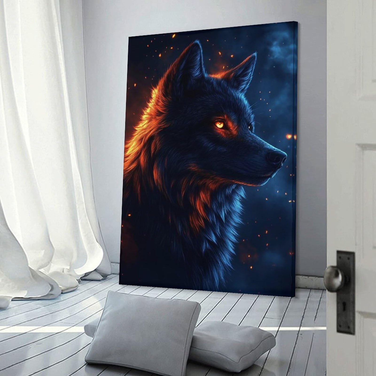 Junmoney Hanging Wall Art Fiery Wolf Portrait, 24x36inch(60x90cm), for Small Homes, Bedrooms Or Open Spaces, Wall Decor with Flexible Room Appeal