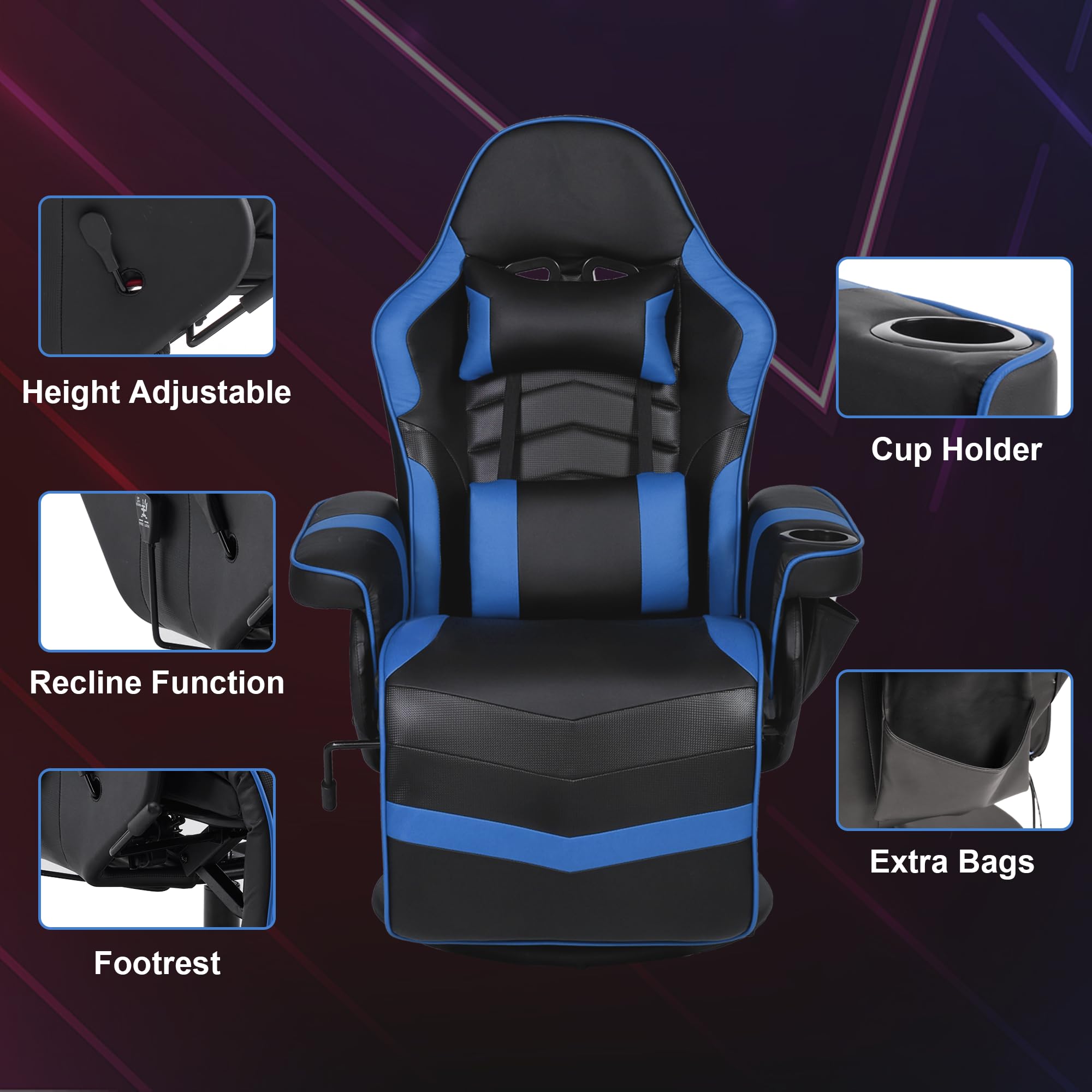IBXFO Gaming Chair with Massage for Adults, Comfy Reclining Gaming Chair with Footrest, Adjustable Backrest and Cup Holder, Black