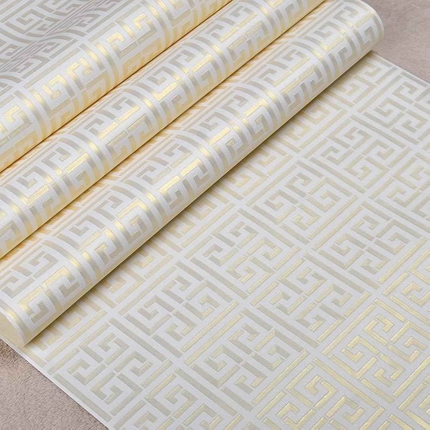 Greek Key Light Gold on White Shimmer Wallpaper Geometric Wall Paper Classic Grecian Traditional Wallpaper 20.8'' x 390.0''