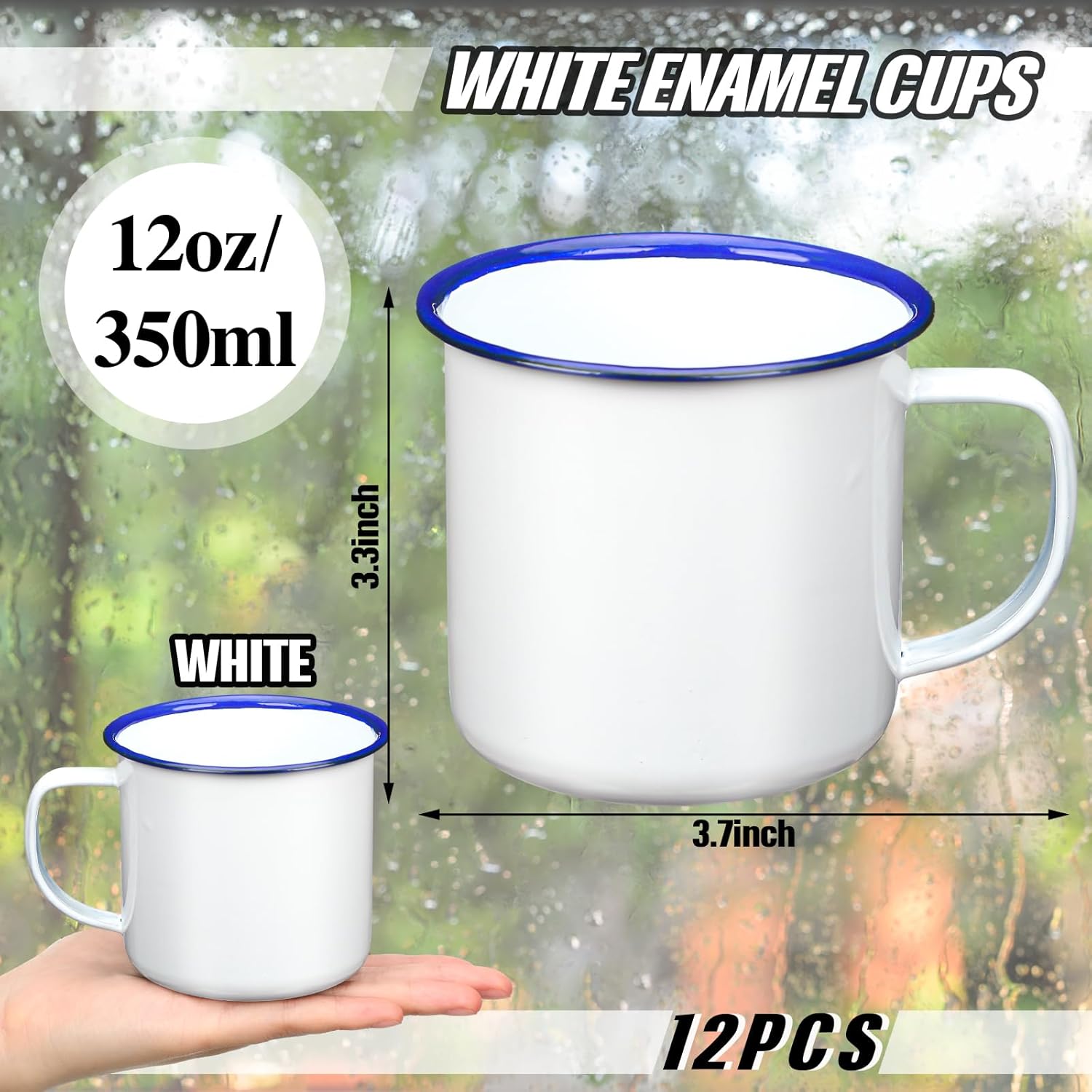 Yinder Mini Enamel Camping Coffee Mugs Metal Small Classic Portable White Campfire Mugs Bulk Vintage Cups with Handle for Coffee Tea Picnic Travel Indoor Outdoor Activities(12 oz, 12 Pcs)