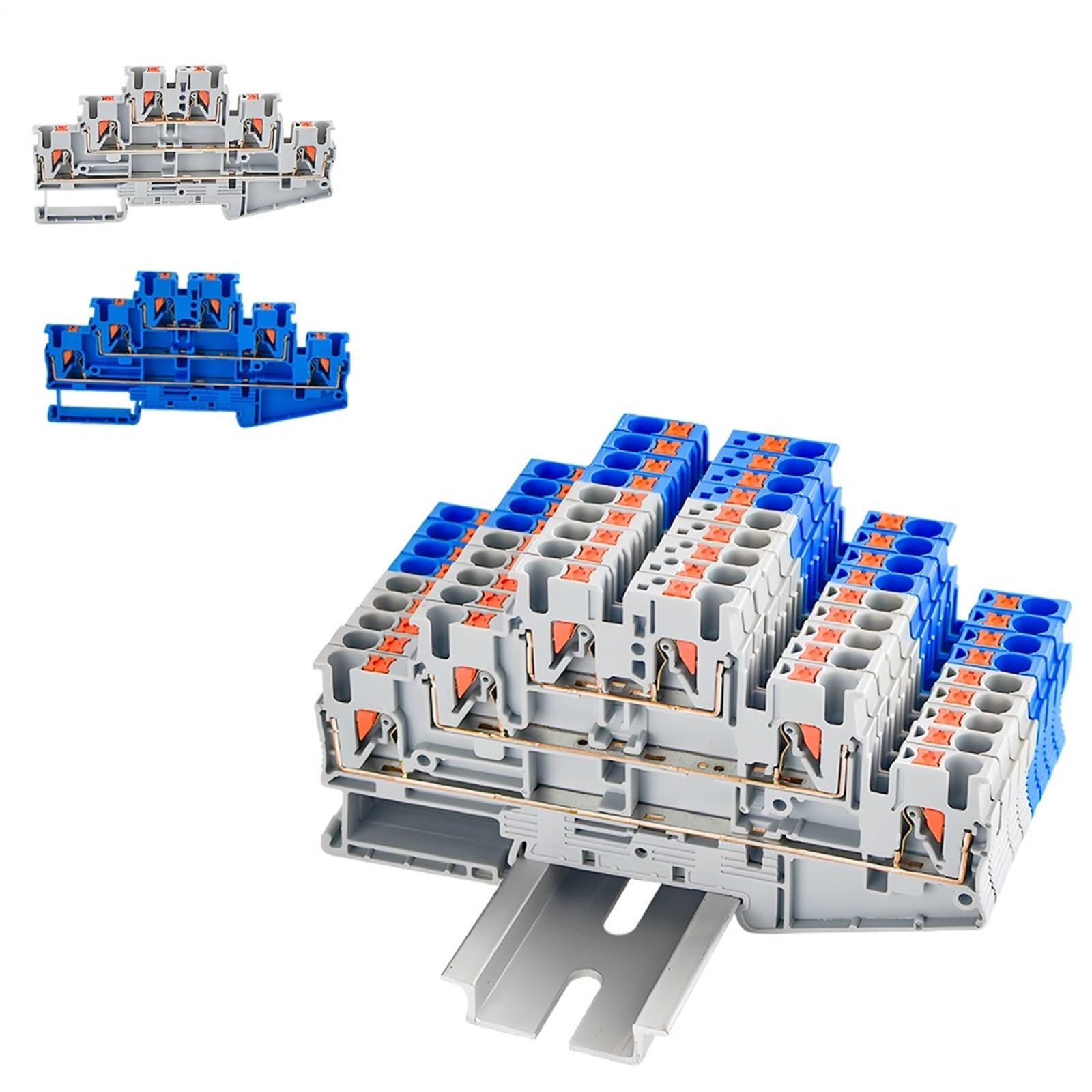 PT2.5-3L 10 Pcs Din Rail Terminal Block Electrical Connector Triple Layer Spring Wiring Connection Wire Conductor Terminal Block(Gray)