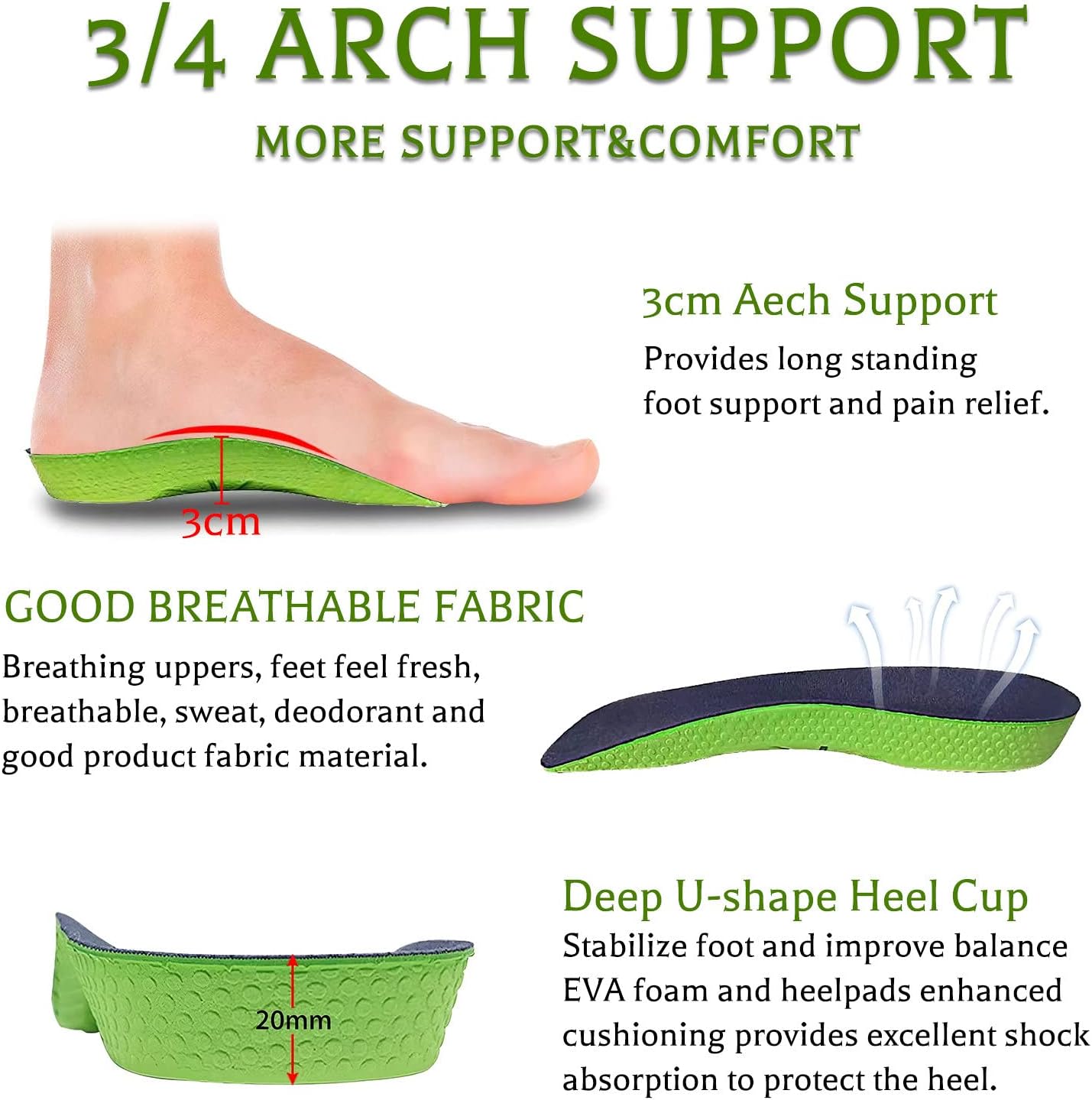 3/4 高アーチサポートインソール、女性と男性用、フラットフィート足底筋膜炎の緩和のための矯正インサート、男性女性ランニング用シュー