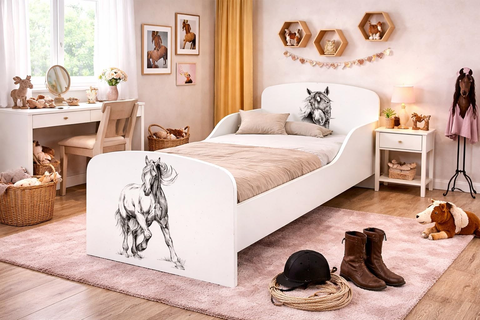Cama Infantil de Madera 160x80 cm con Colchón y Somier, Caballo | Montaje fácil, diseño moderno, espuma de 10 cm incluida, somier con láminas en madera, bordes redondeados, soporte ventilado