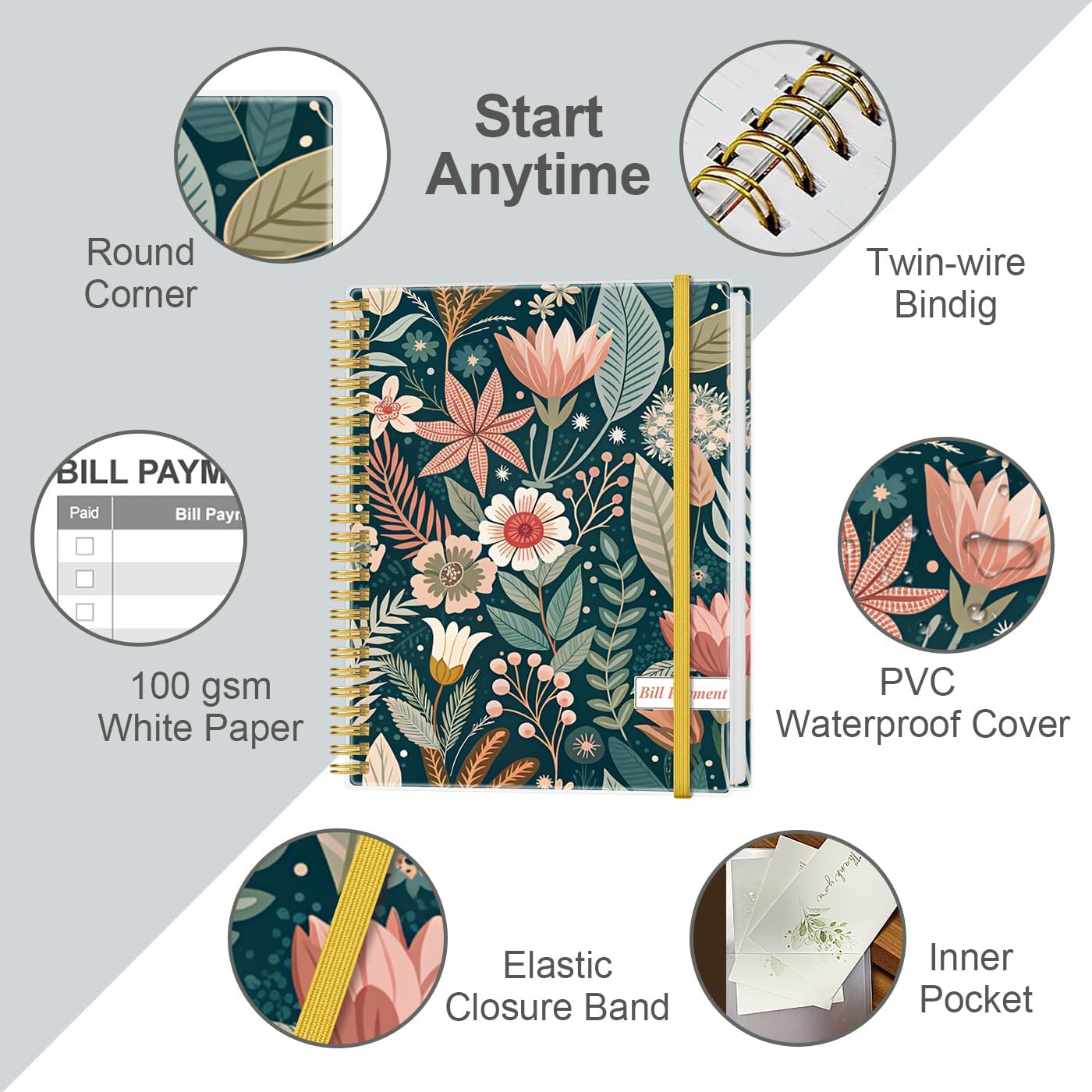 Bill Payment Tracker Notebook - Monthly Bill Organizer & Planner for Personal Budgeting Financial, Payments Checklist Organizer, 8" x 10.5", Flower-B image 2