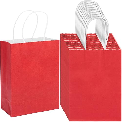 Paquete de 100 bolsas de regalo pequeñas de 15 x 8 x 21 cm, bolsas kraft rojas con asas a granel para recuerdos de fiesta de cumpleaños, bolsas de