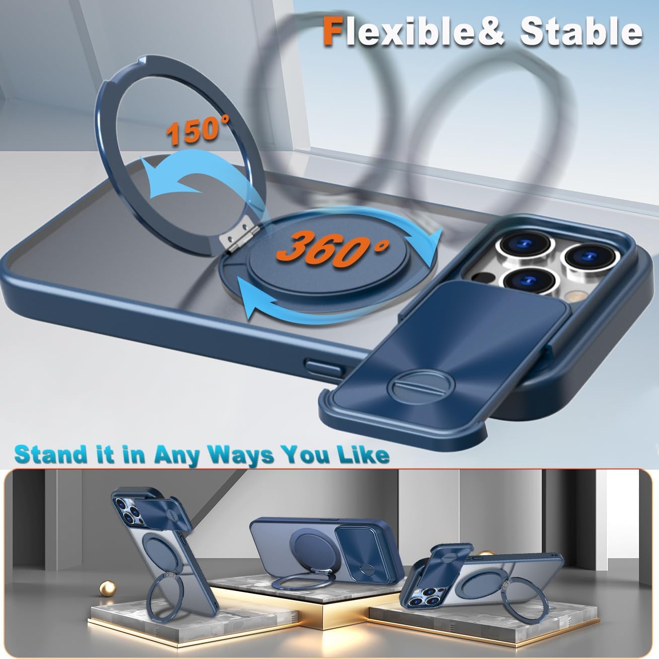 360° Rotatable Magnetic Ring for iPhone 16 Pro Max Case with Stand Sliding Camera Lens Cover, with 2 Screen Protectors Matte Silicone Case for MagSafe iPhone 16 Pro Max 6.9” (Blue)