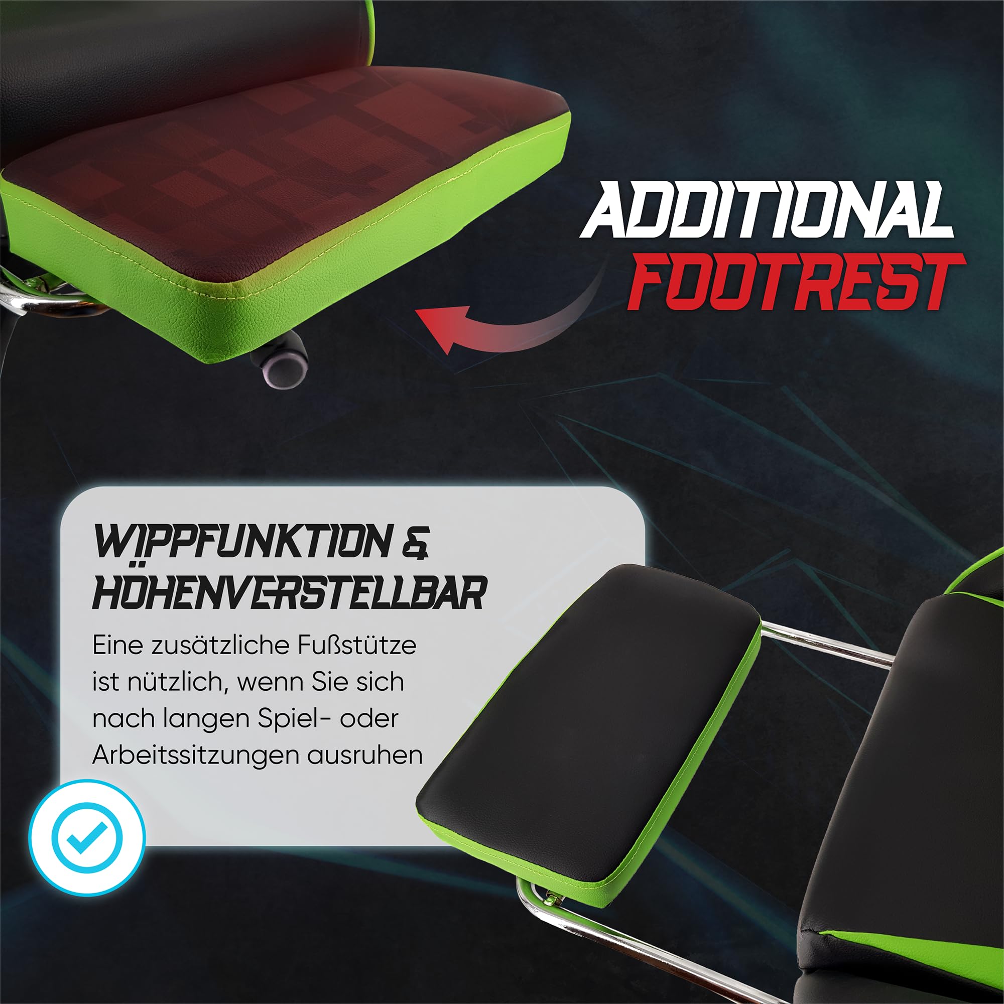 xRace Gaming Stuhl, ergonomischer Bürostuhl, PU-Leder, Lendenstütze Grün | Ergonomischer PC Stuhl mit Kopfstütze, Lendenkissen und pflegeleichtem Kunstlederbezug, höhenverstellbar und drehbar