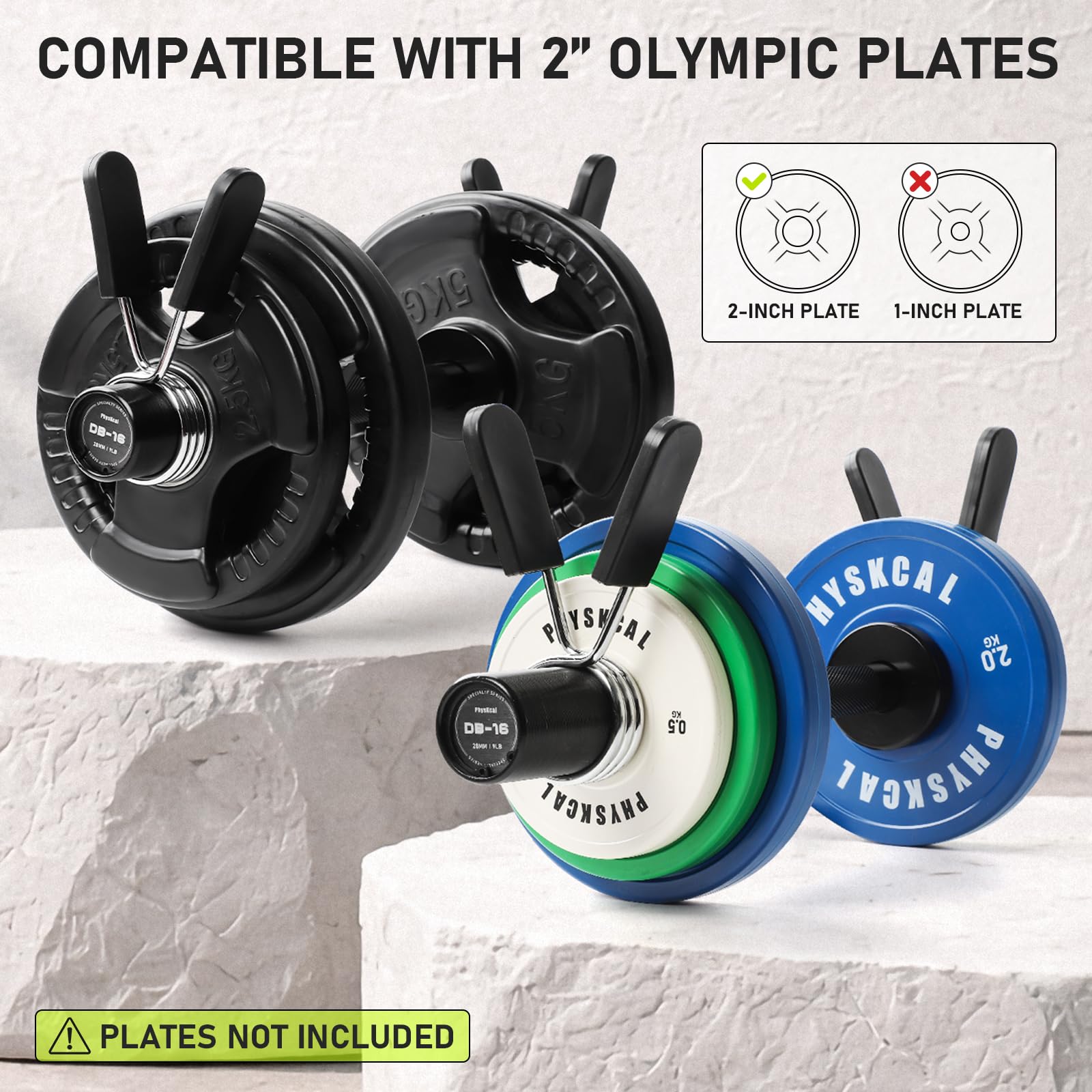 PhysKcal Coppia di manubri regolabili per dischi da 50 mm, manico Olympia-Dumbell da 16" con manico da 28 mm, Dumbell Bar per dischi Olympia