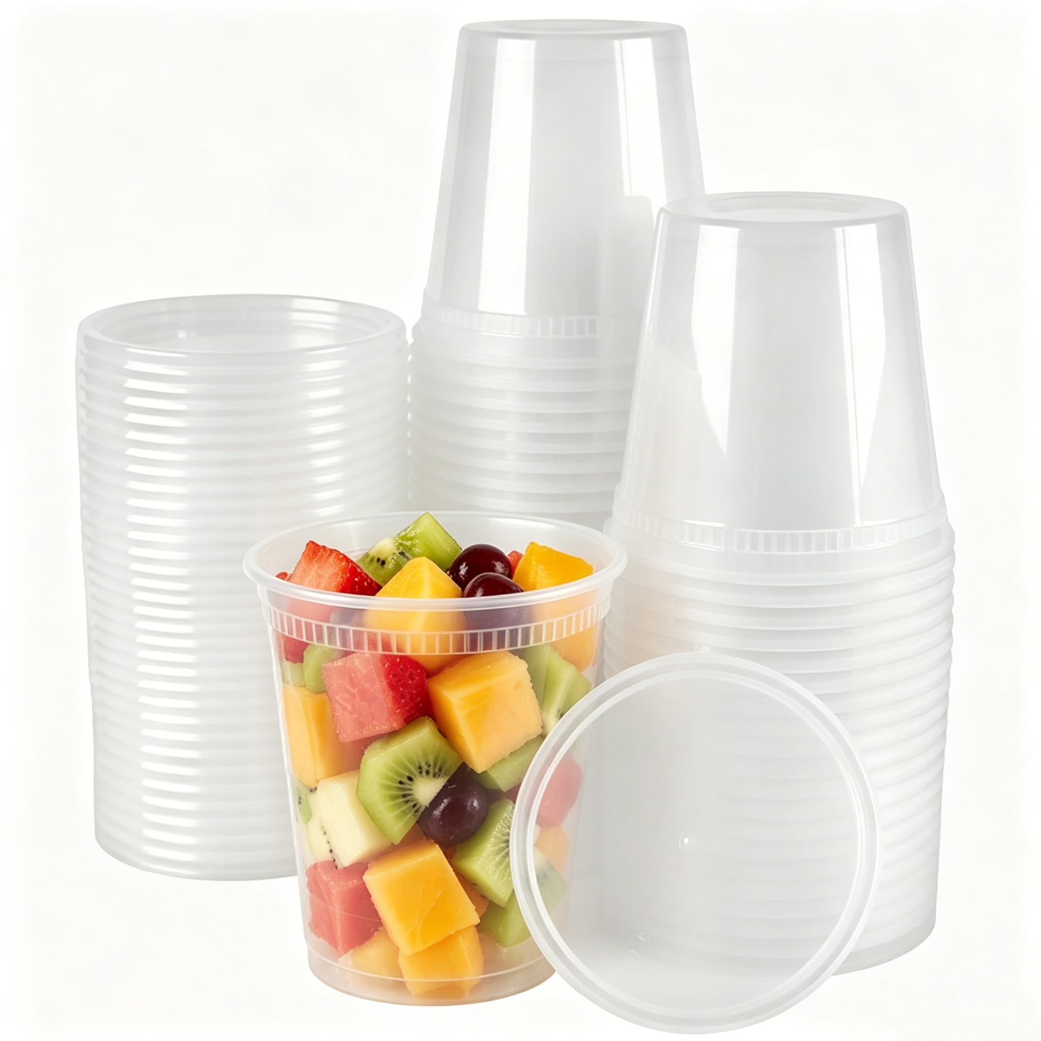 SEUNMUK 48 recipientes redondos de plástico con tapas, recipientes reutilizables de almacenamiento de sopa de 24 onzas, vasos de delicatessen a prueba de fugas, recipiente redondo para preparación de
