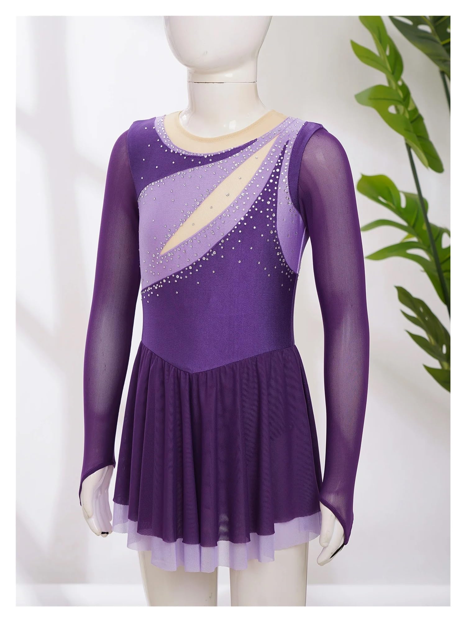 Vestidos de Patinaje artístico Brillantes con Diamantes imitación for niñas, Vestido Leotardo Baile Ballet Bloques Color, Ropa Manga Larga Malla Transparente