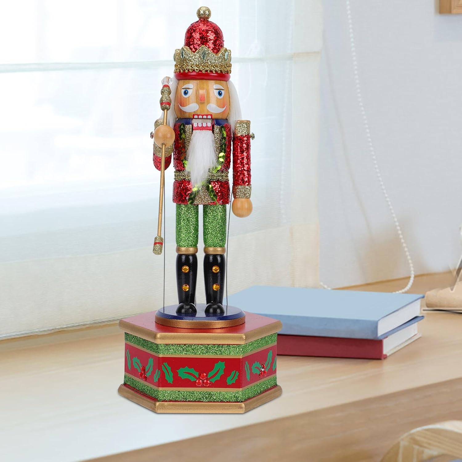 SAFIGLE Wooden Nutcracker Music Box with Painted Craftsmanship Desktop Christmas Decoration and Party Prop Stable Flat Bottom Musical Ornament for Holiday Festive Home Decor