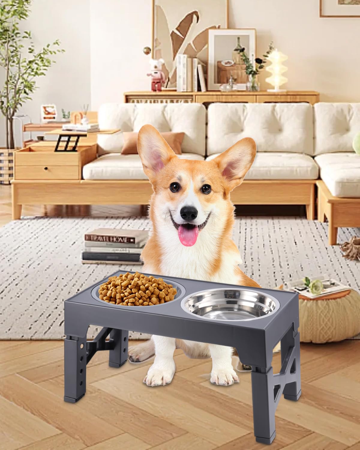 Comedero Elevado para Perro - 5 Alturas Ajustables, 2 Cuencos de Acero Inoxidable, Antivoracidad - para Perros Pequeños, Medianos y Grandes