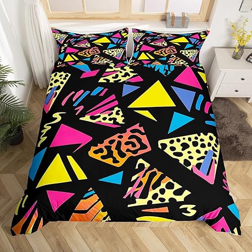 Miniatura 17 de Memphis - Juego de funda de edredón – Ropa de cama vintage amarillo púrpura con patrón de estilo retro, formas geométricas, ilustraciones