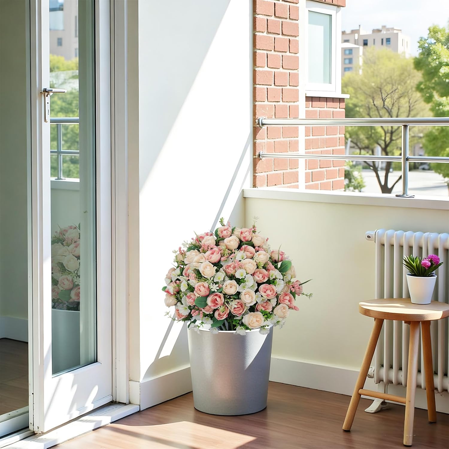 24" Artificial Outdoor Flowers Set of 2, Faux Rose with Eucalyptus Plants in Cement Pots, UV Resistant Potted Fake Silk Flowers Arrangement for Front Porch, Entryway, Spring Home Indoor Decor