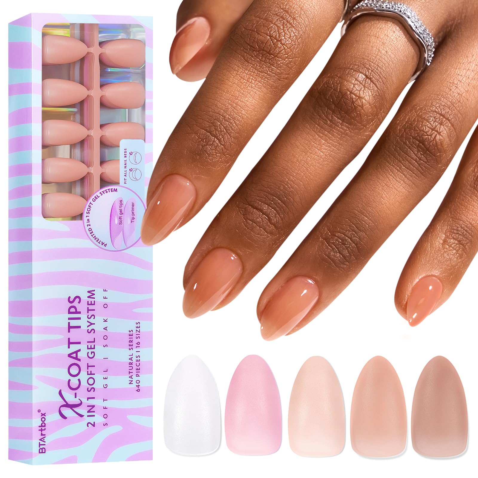 BTArtbox Short Almond Press on Nails - 5 Colors XCOATTIPS Pre-colored Soft Gel Nail Tips, 640pcs Full Cover Natural Fake Nails Extensions for Valentines Day Gift