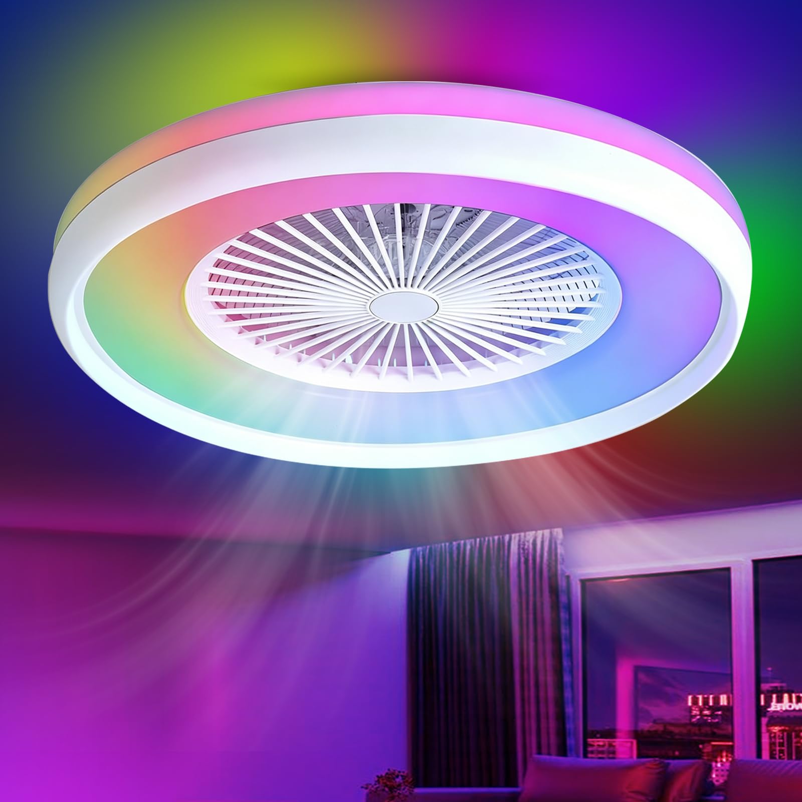 ZOMLBOF 48cm Quiet Fan with 6 Speeds,Reversible,Timer RGB Ceiling Fan Light, Dimmable Smart White Fan Lamp with Memory,APP and Remote Control,for Bedrooms,Studies Game Rooms