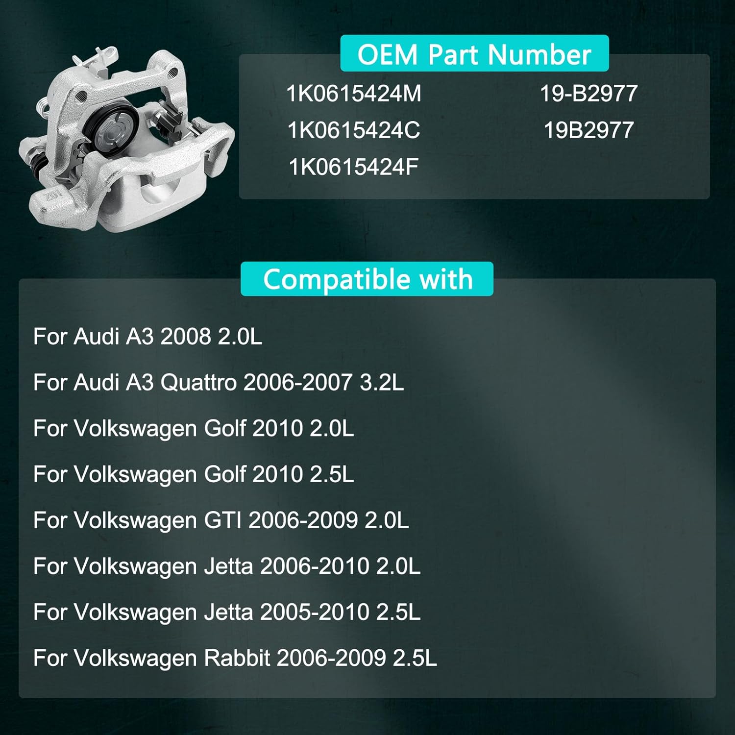 1K0615424M Rear Right Disc Brake Caliper Assembly (2.0L 2.5L 3.2L) with Bracket For Audi A3 Quattro 2006-2007, Volkswagen GTI Rabbit 2006-2009, Jetta 2005-2010, Golf 2010 Rear Passenger Side 19B2977
