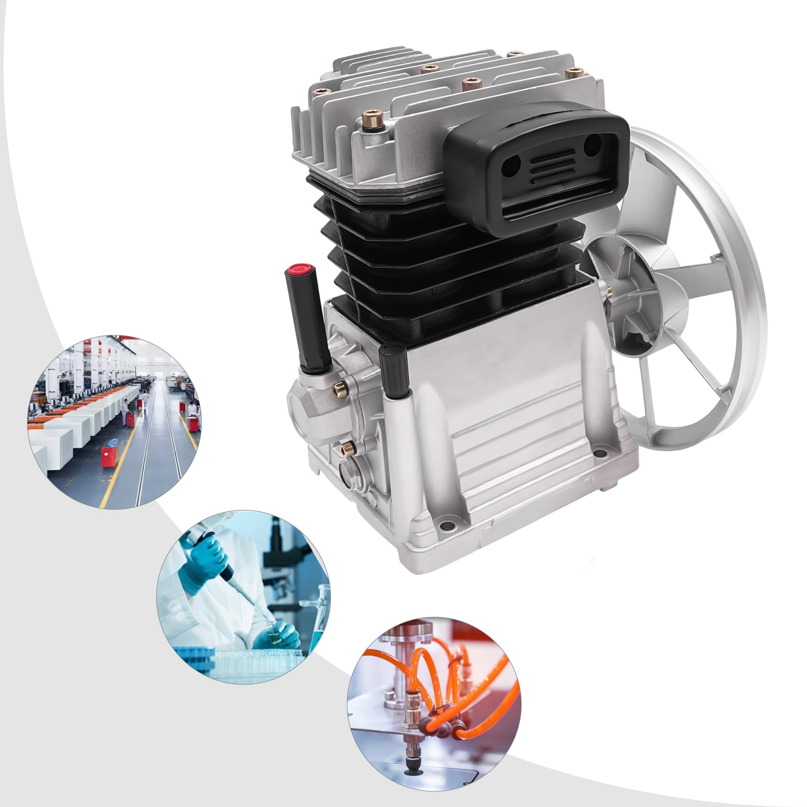 Tête de compresseur d'air avec 2 cylindres, tête de pompe de compresseur d'air avec poulie pour des secteurs tels que l'électronique, l'ingénierie mécanique, la construction, 32 x 27 x 31 cm