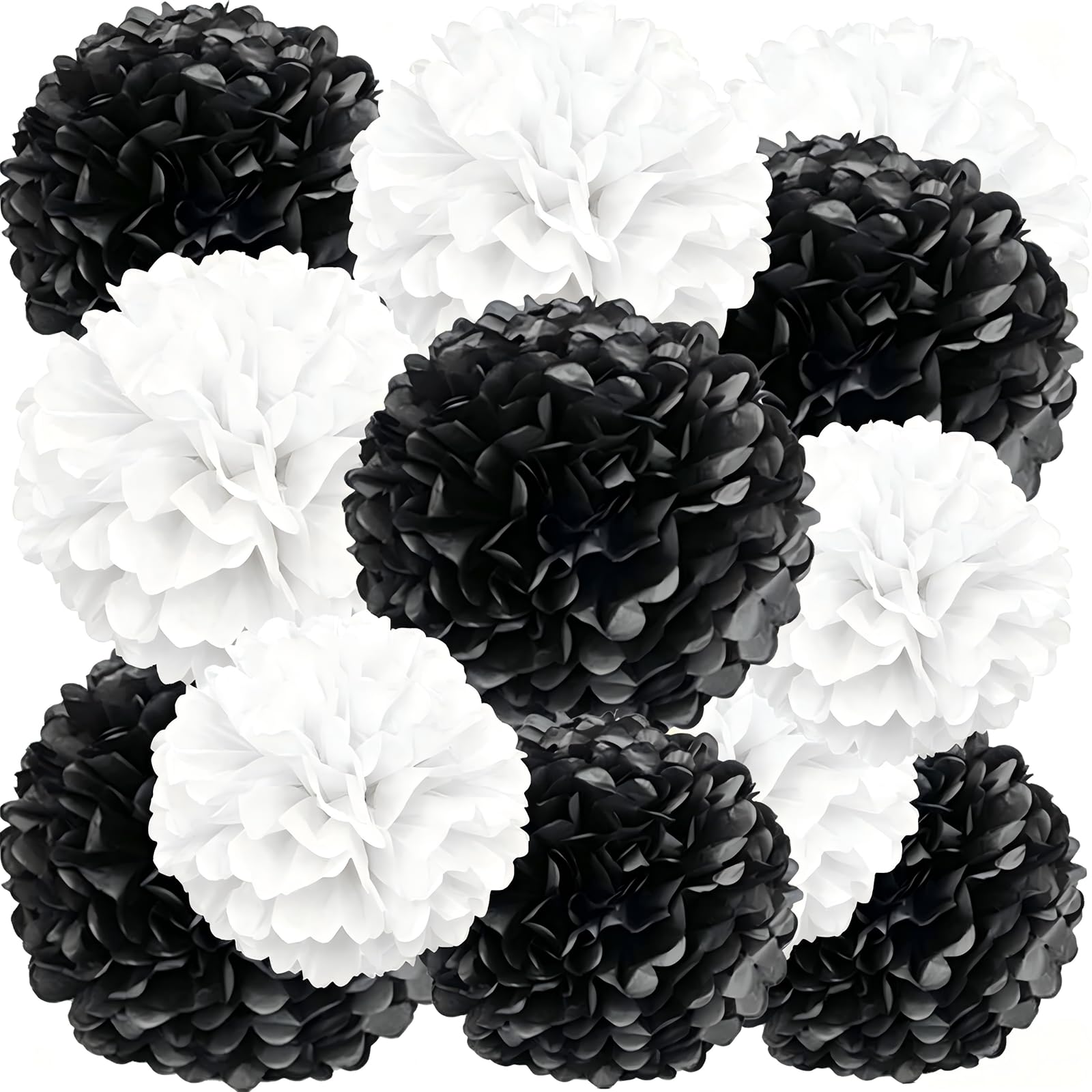 We Moment Black White Paper Pom Poms for Wedding Birthday Black White Party Decoration - Ceiling Wall Hanging Tissue Flowers -12pcs