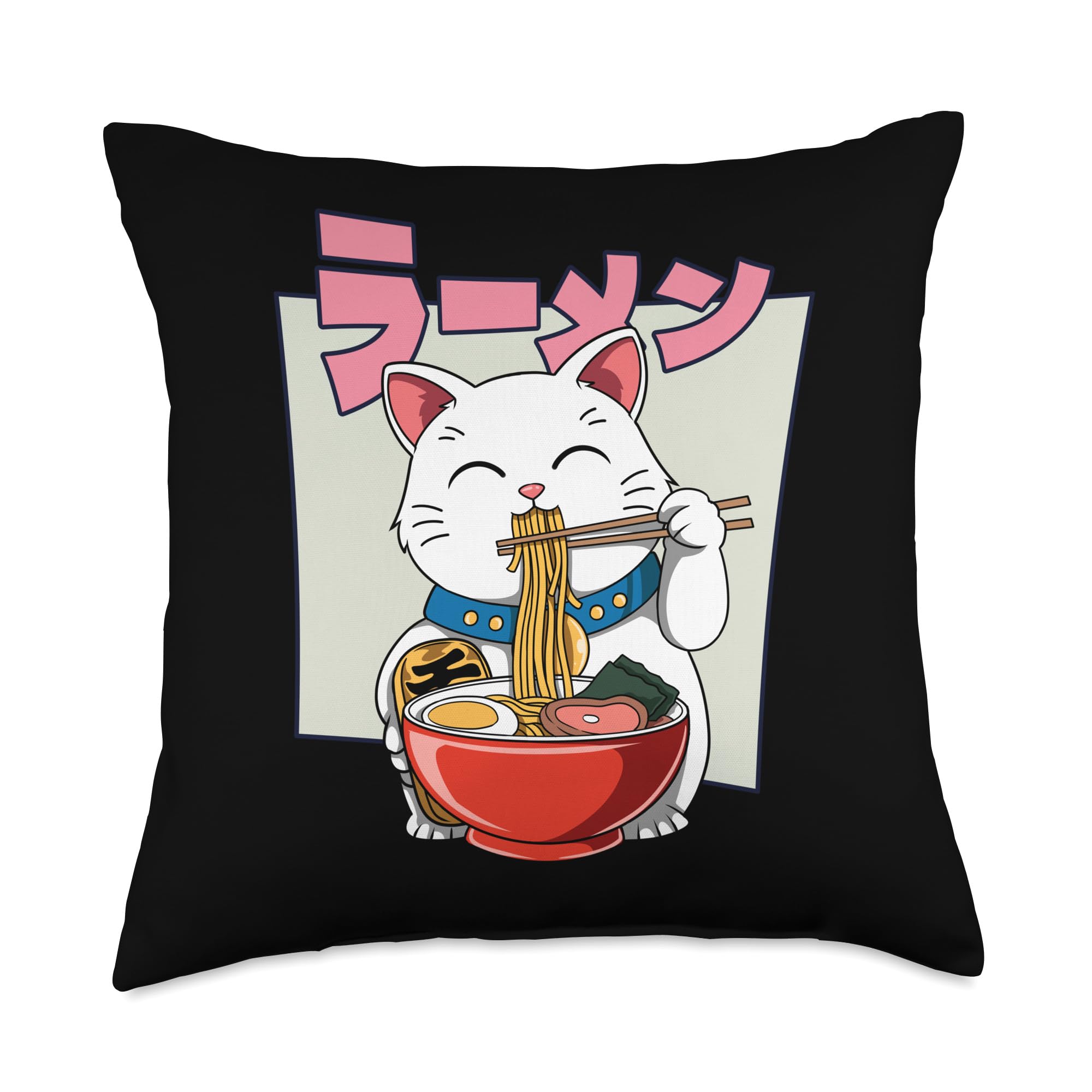 Fun-Cat Loves Ramen Throw Pillow, 18x18, Multicolor