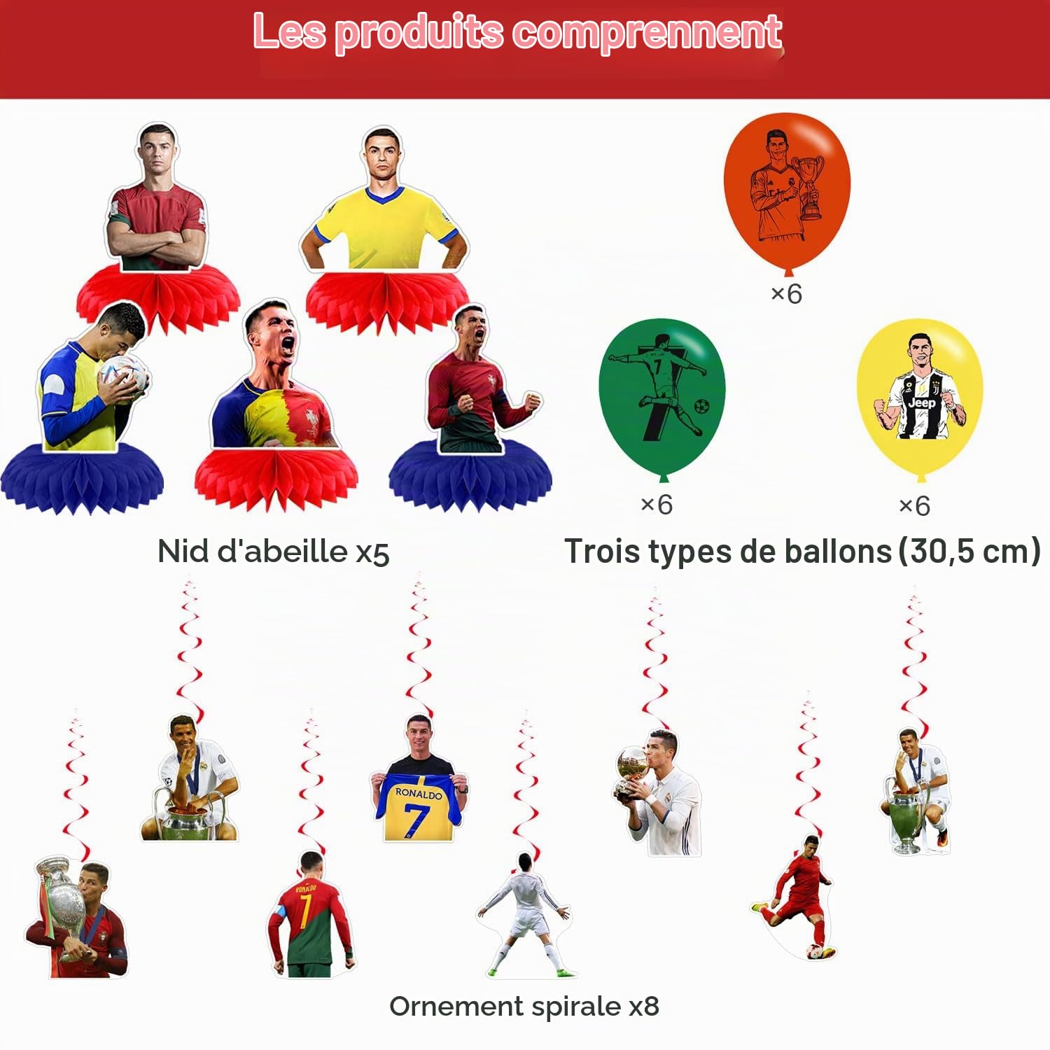 Décoration d'anniversaire Ronaldo avec bannière, tourbillons, centres de table, ballons en latex pour fête sportive