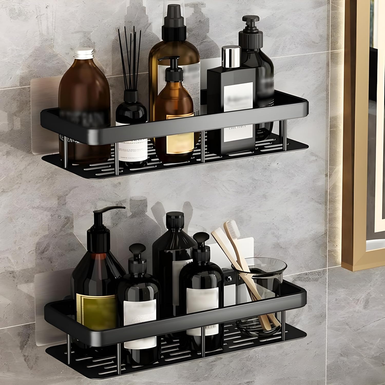 Pack of 2 Plastic Wall Mounted Bathroom Organiser, Floating Shelf for Wall for Bathroom Cabinet Multifunctional Large Capacity Bathroom Rack, Bathroom Shelf for Wall (Black)-image-10