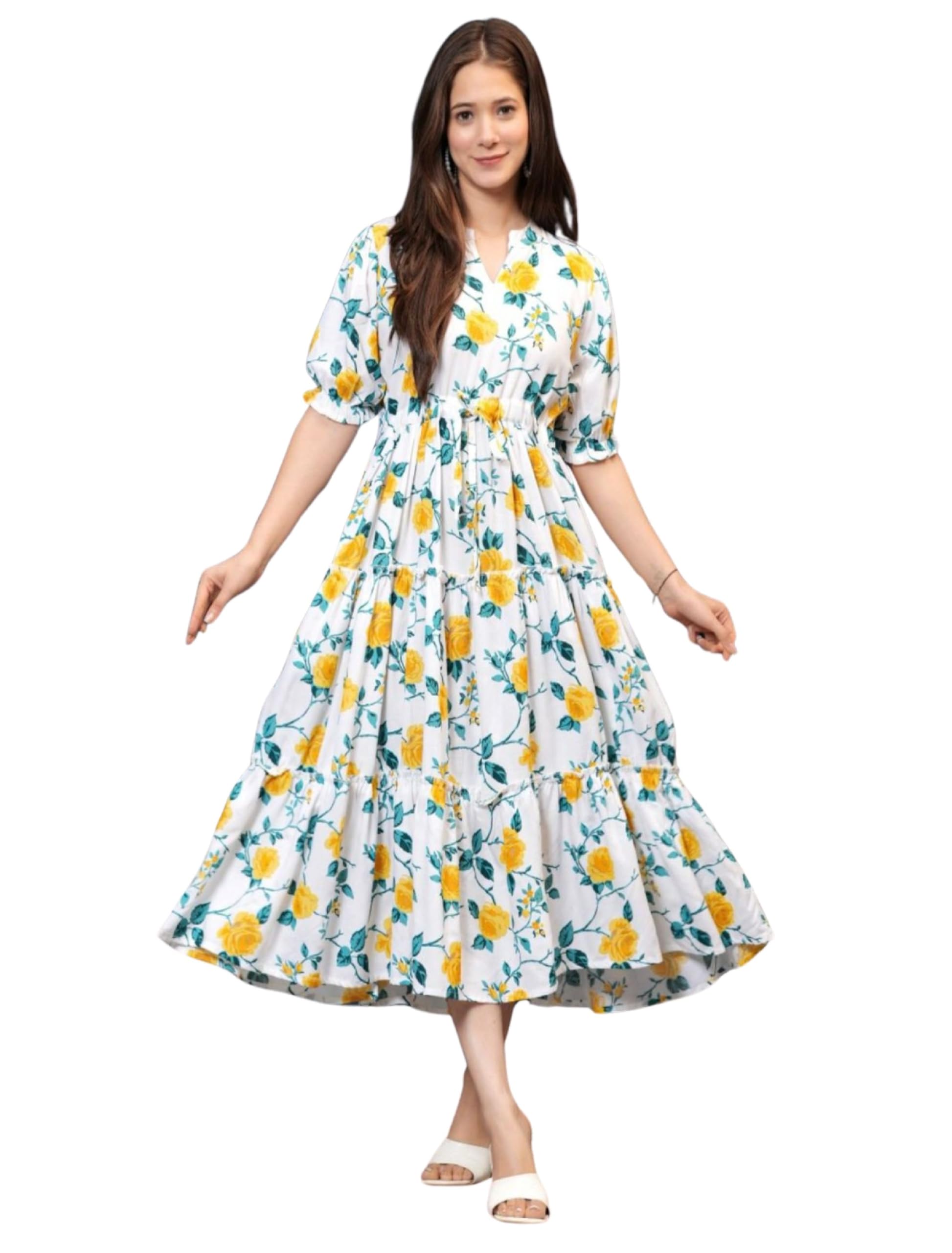 khejal Women's Short Sleeves V Neck Flower Printed Long Anarkali White Gown Dress (White-M)-picture-32