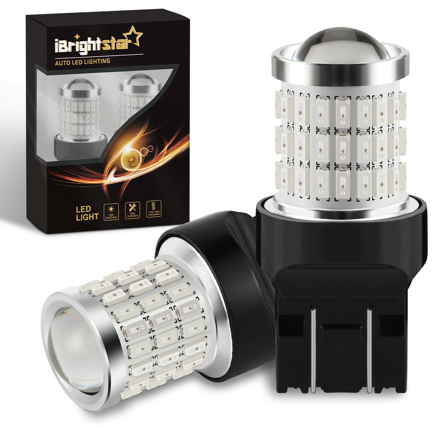 iBrightstar Newest 9-30V Super Bright Low Power Dual Brightness 7440 7443 T20 LED Bulbs with Projector replacement for Tail Brake Lights, Brilliant Red