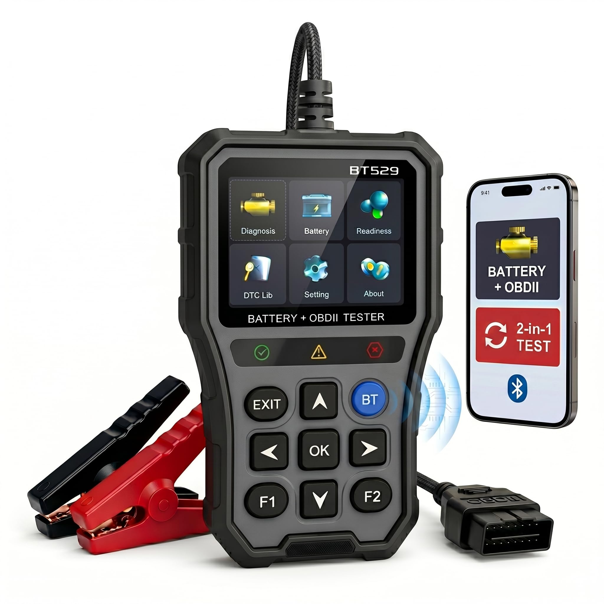 NOVEINN BT529 OBD2 czytnik kodów skanera, sterowanie aplikacją Bluetooth, narzędzie diagnostyczne 2 w 1 i tester baterii 12 V, dane na żywo, test EVAP, gotowość I/M do samochodów osobowych i