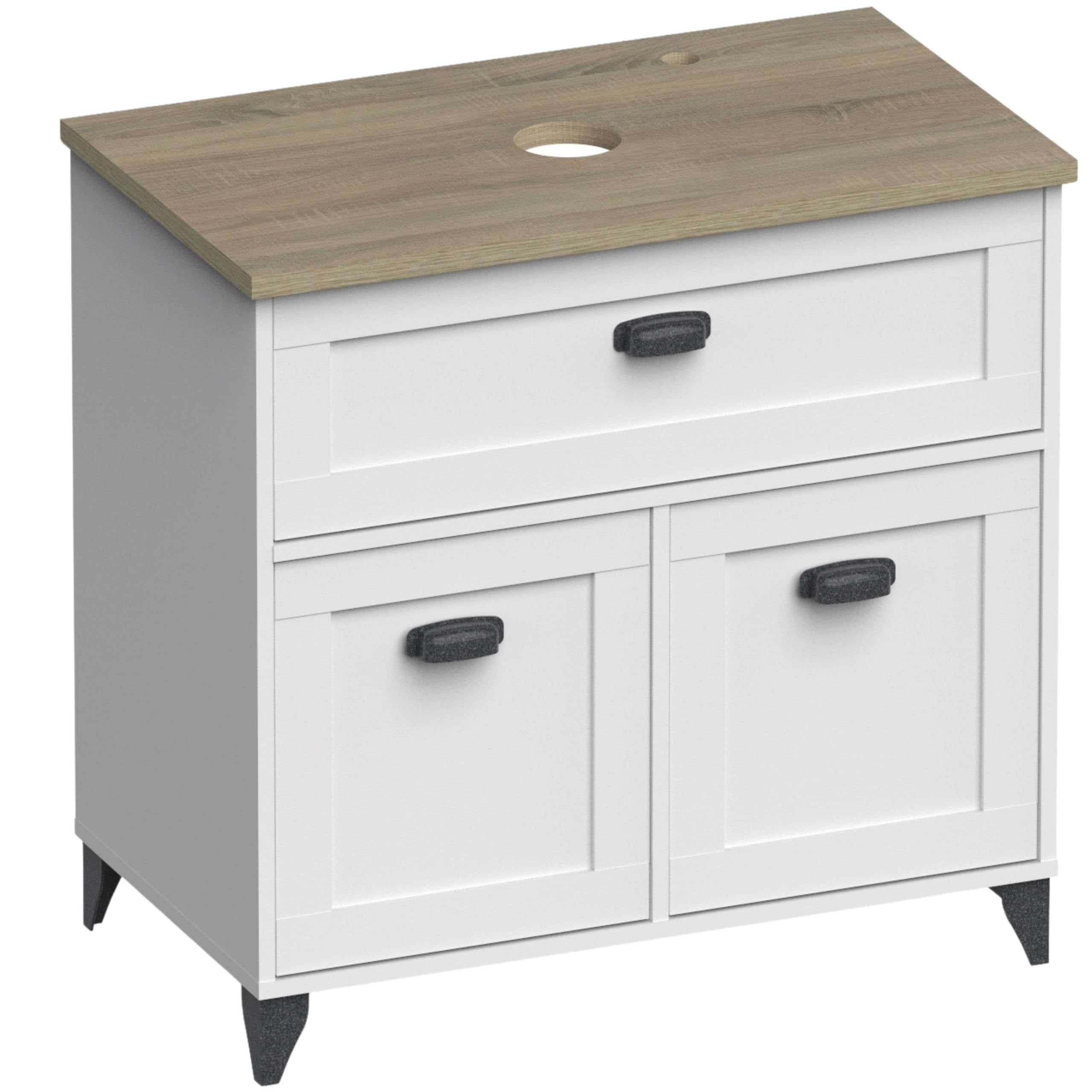 Muebles Pitarch | Mobile da bagno con lavabo in ceramica incluso, 80cm, con piedi, cassetto a chiusura lenta, 2 porte, per lavabo da appoggio, Bianco e Rovere Cambrian, Vintage,