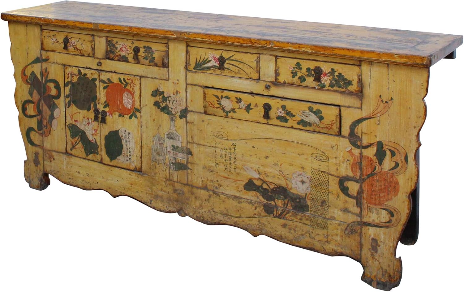 Chinese Distressed Yellow Oriental Flower Graphic TV Console Cabinet Acs4539