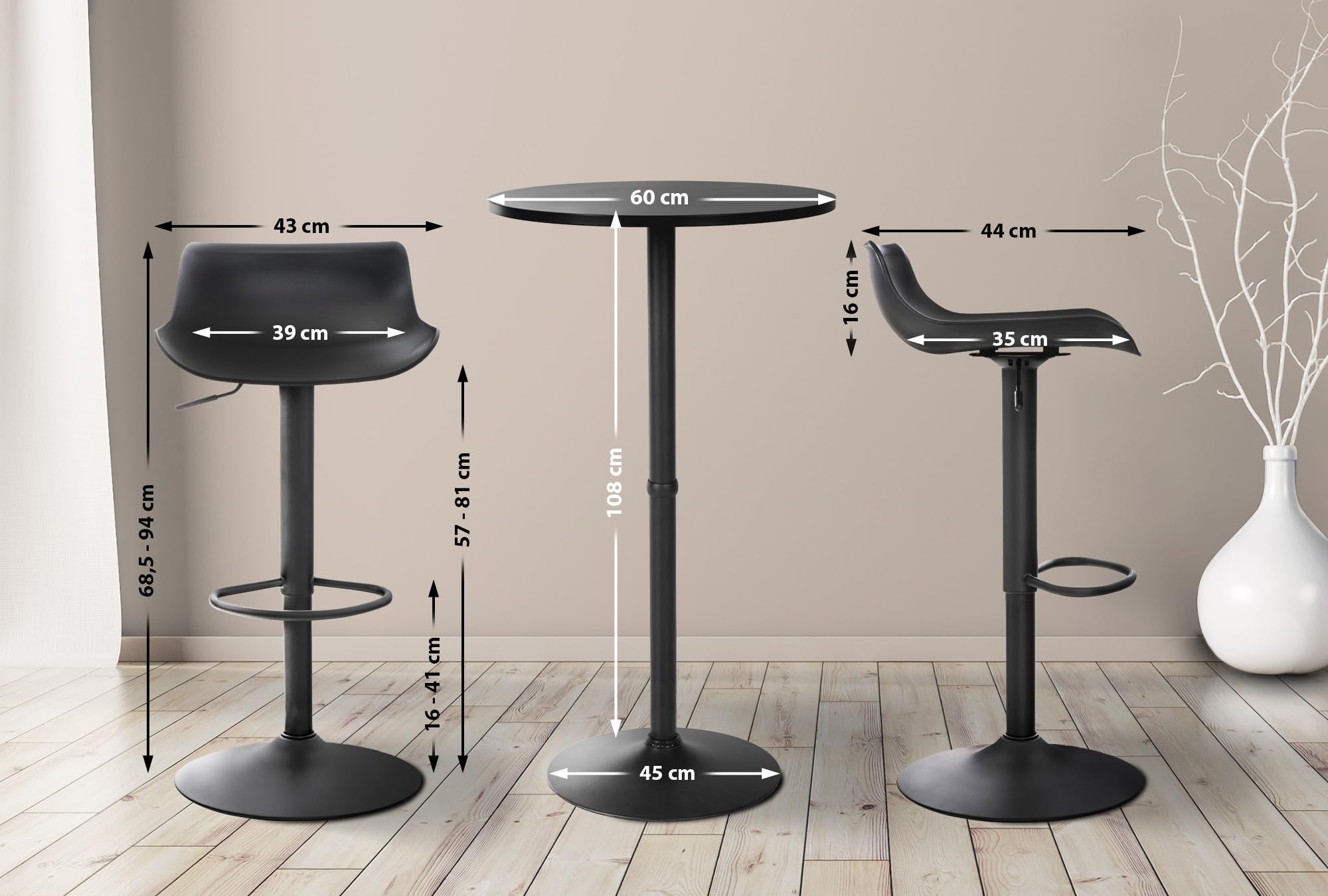 CLP Conjunto De 2 Taburetes De Bar & 1 Mesa Alta Fernie I Juego De Mesa Redonda De Madera & 2 Sillas Giratorias, Color:Negro