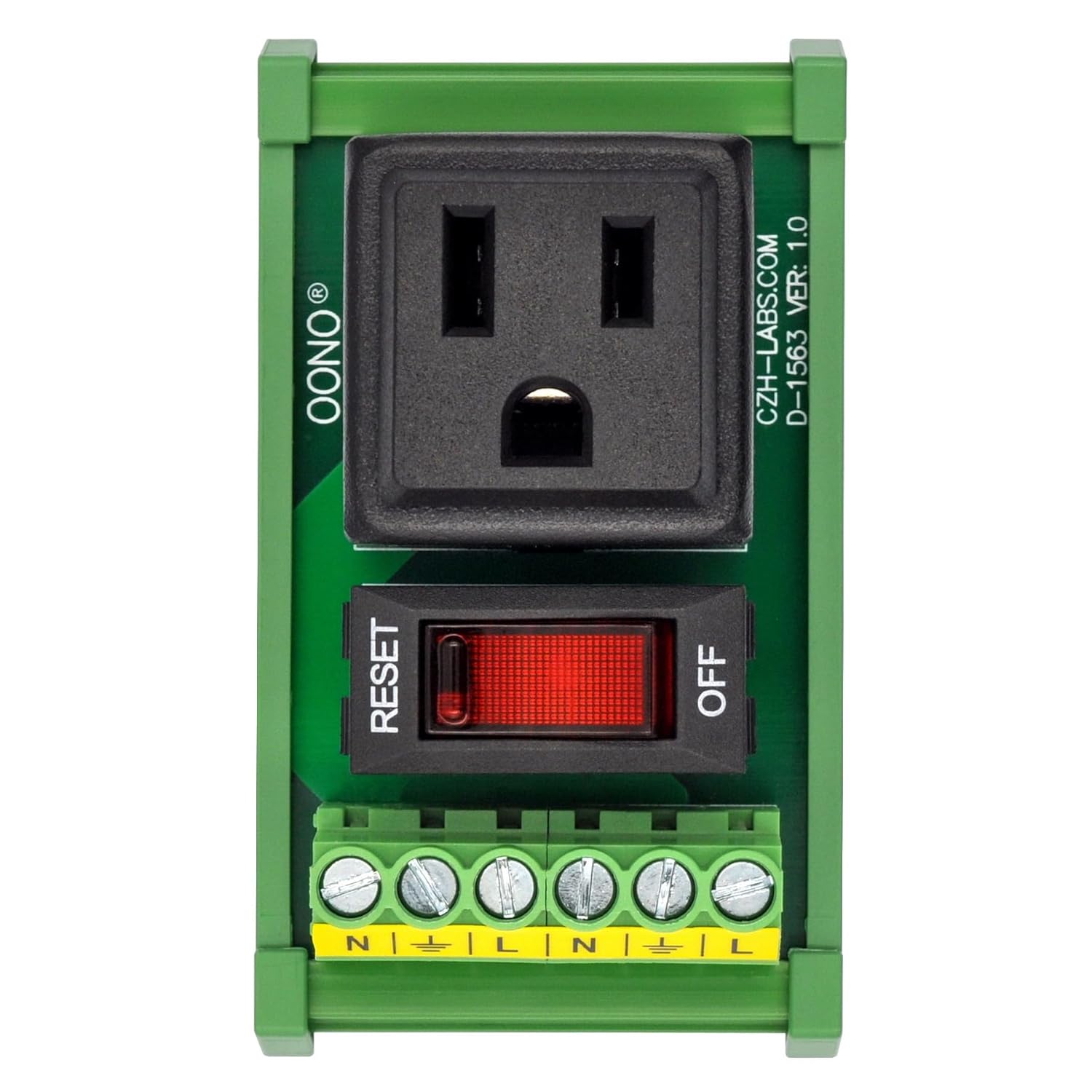 DIN Rail Mount AC 120V NEMA 5-15R Receptacle Outlet Power Module, with Rocker Switch Thermal Circuit Breaker Overload Protector