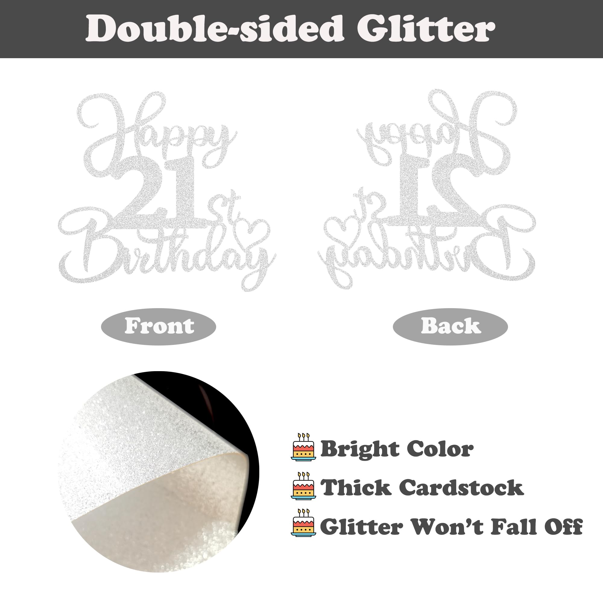 Sotpot 1PC Happy 21st Birthday Cake Topper Double-sided Silver Glitter Cake Pick Cake Decoration for 21st Birthday Anniversary Party Cake Decorations