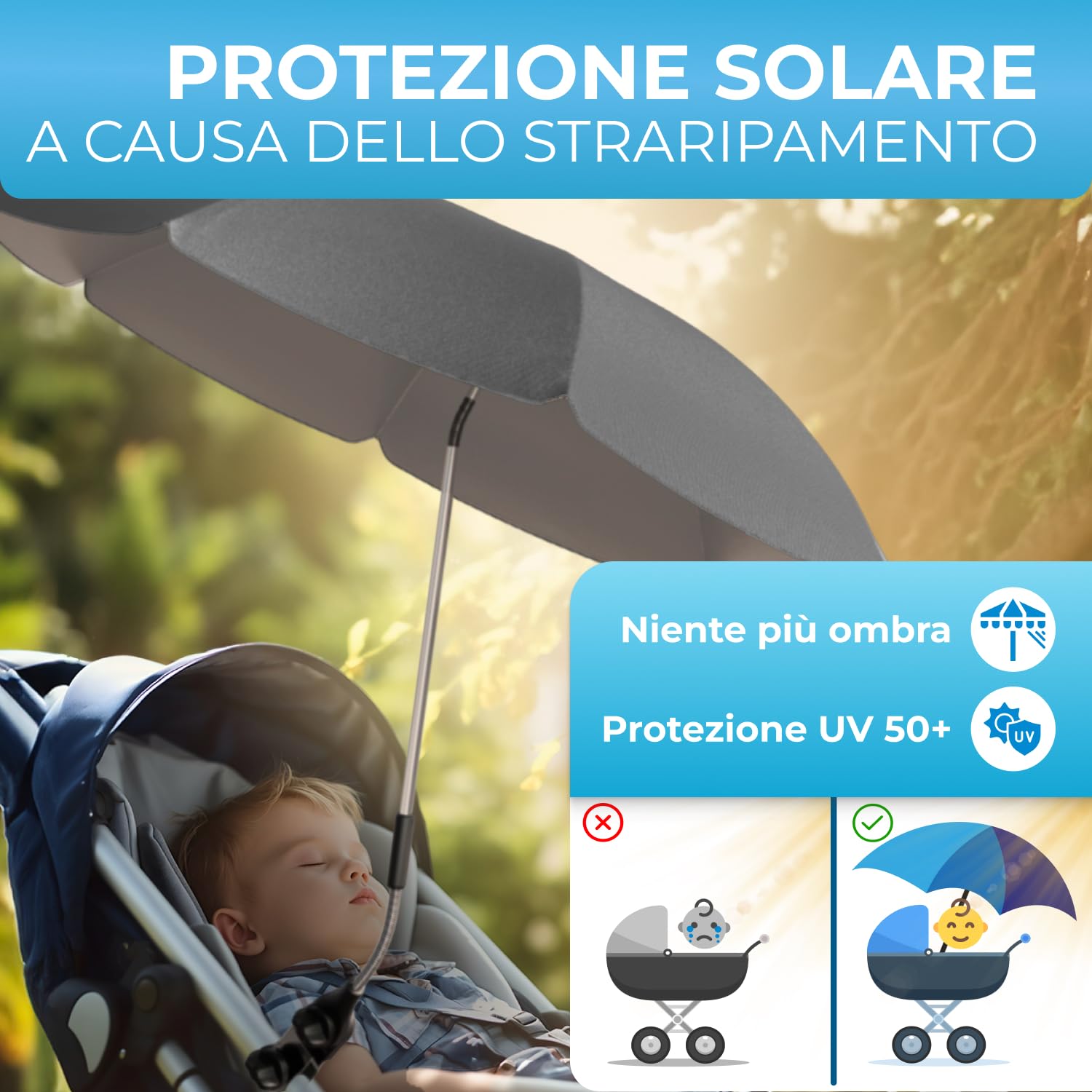 STYNGARD Ombrellino Passeggino UV 50+ 70 cm con Supporto Universale Modello ROMA