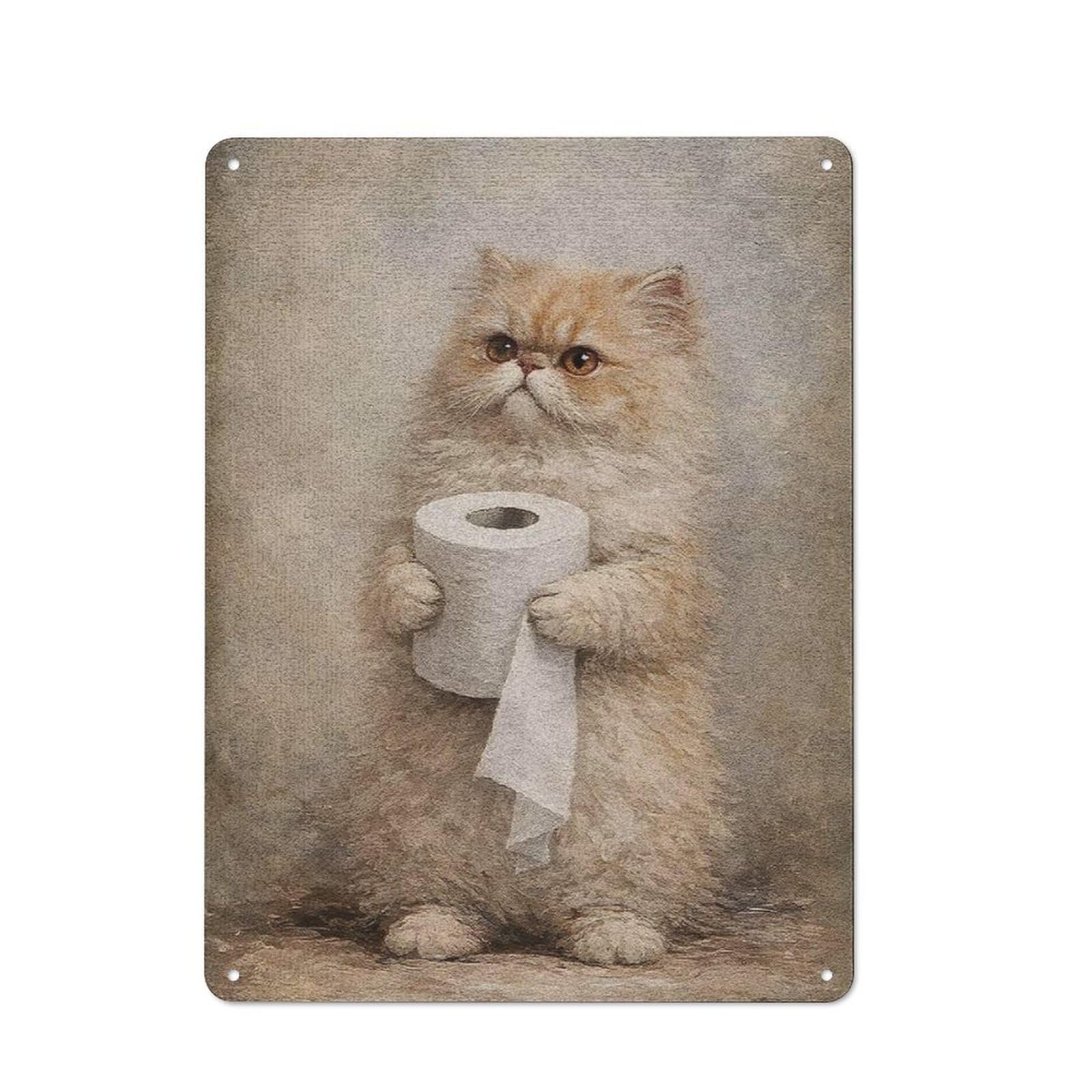 40x30cm Rustic Tin Sign with Persian Cat Holding Toilet Paper for Studio Or Craft Room, Tin Sign Wall Decor for Studios And Craft Rooms