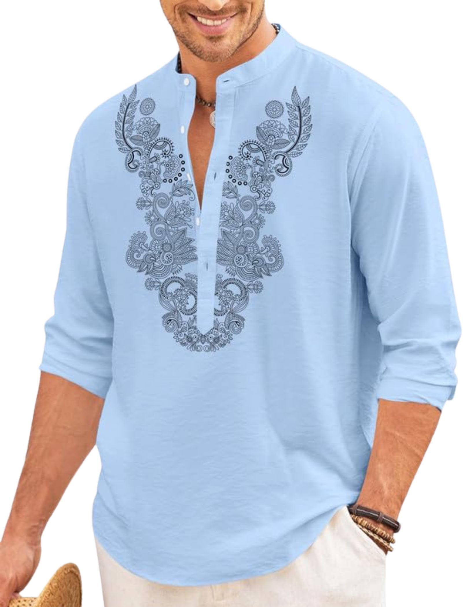 Finivo Fashion Men's Sky ’S Cotton Blend Short Kurta With Full Sleeves And Ethnic Neck Design | Casual Crinkle Texture Kurta With Mandarin Collar, S