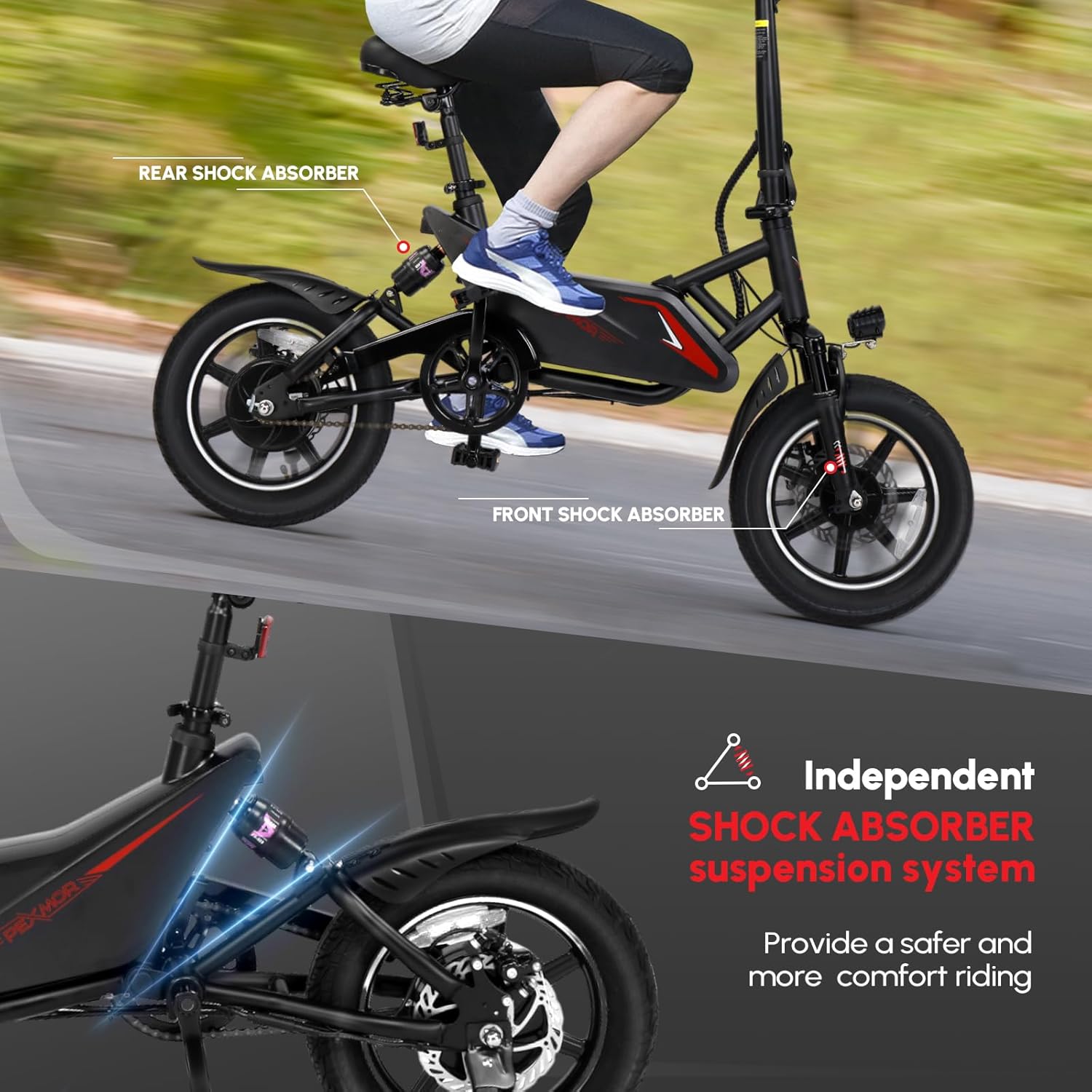 PEXMOR Electric Bike with front and rear shock absorbers highlighted