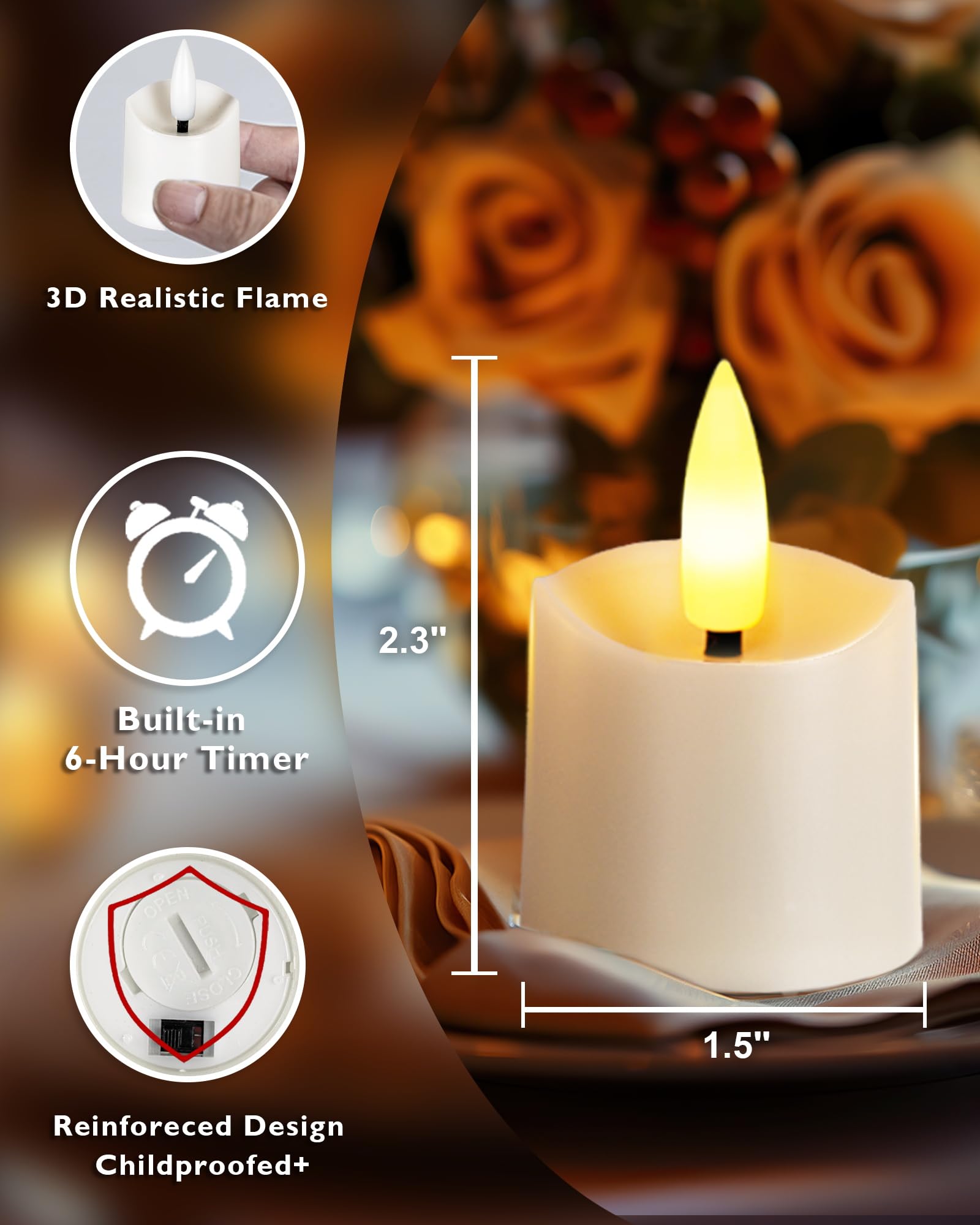 Paquete de 12 velas votivas LED sin llama con temporizador, velas votivas realistas 3D parpadeantes sin llama, velas de té de larga duración a pilas, para el día de Acción de Gracias, 4