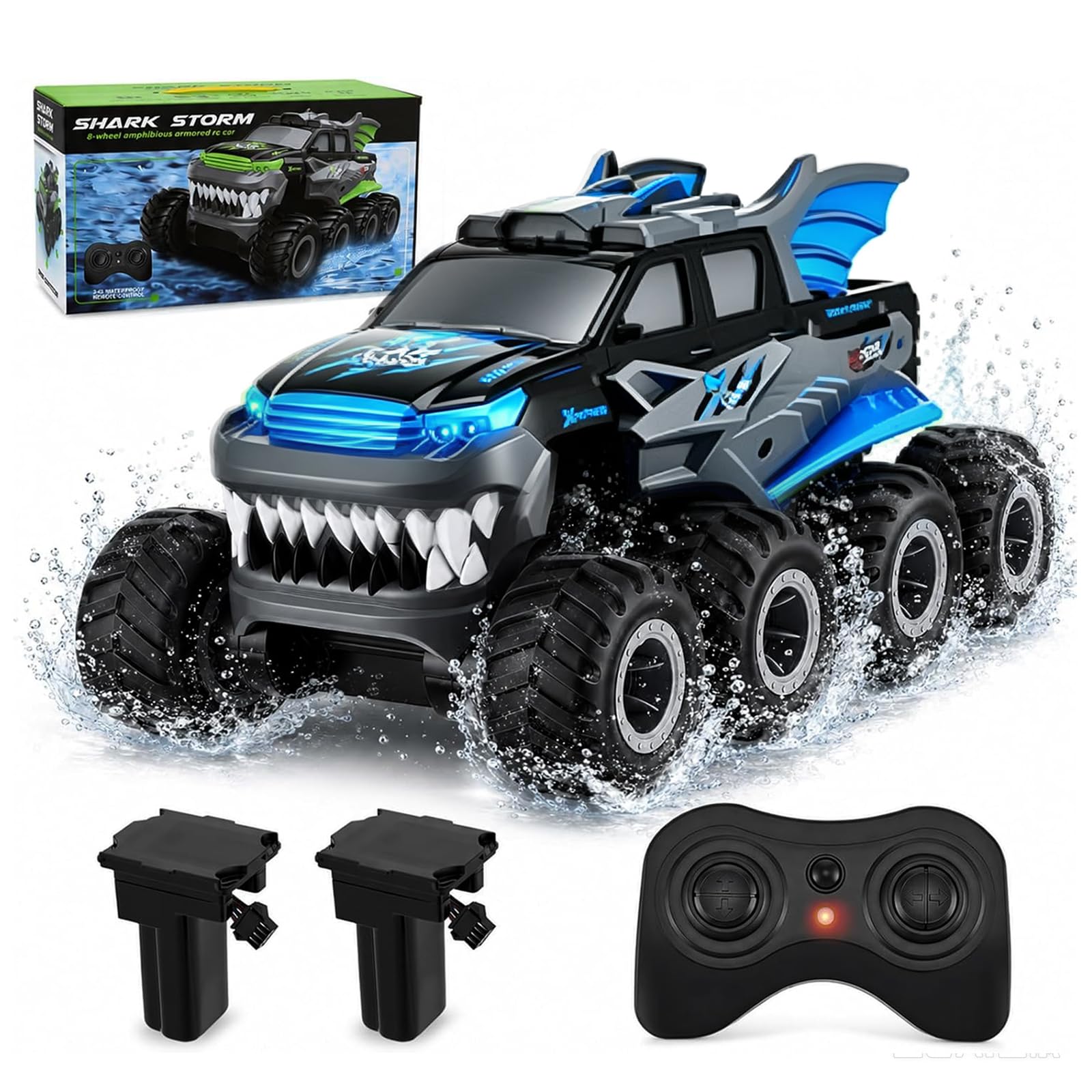 Monstertruck 8WD telecomandato con 2 batterie, veicolo anfibio RC a partire