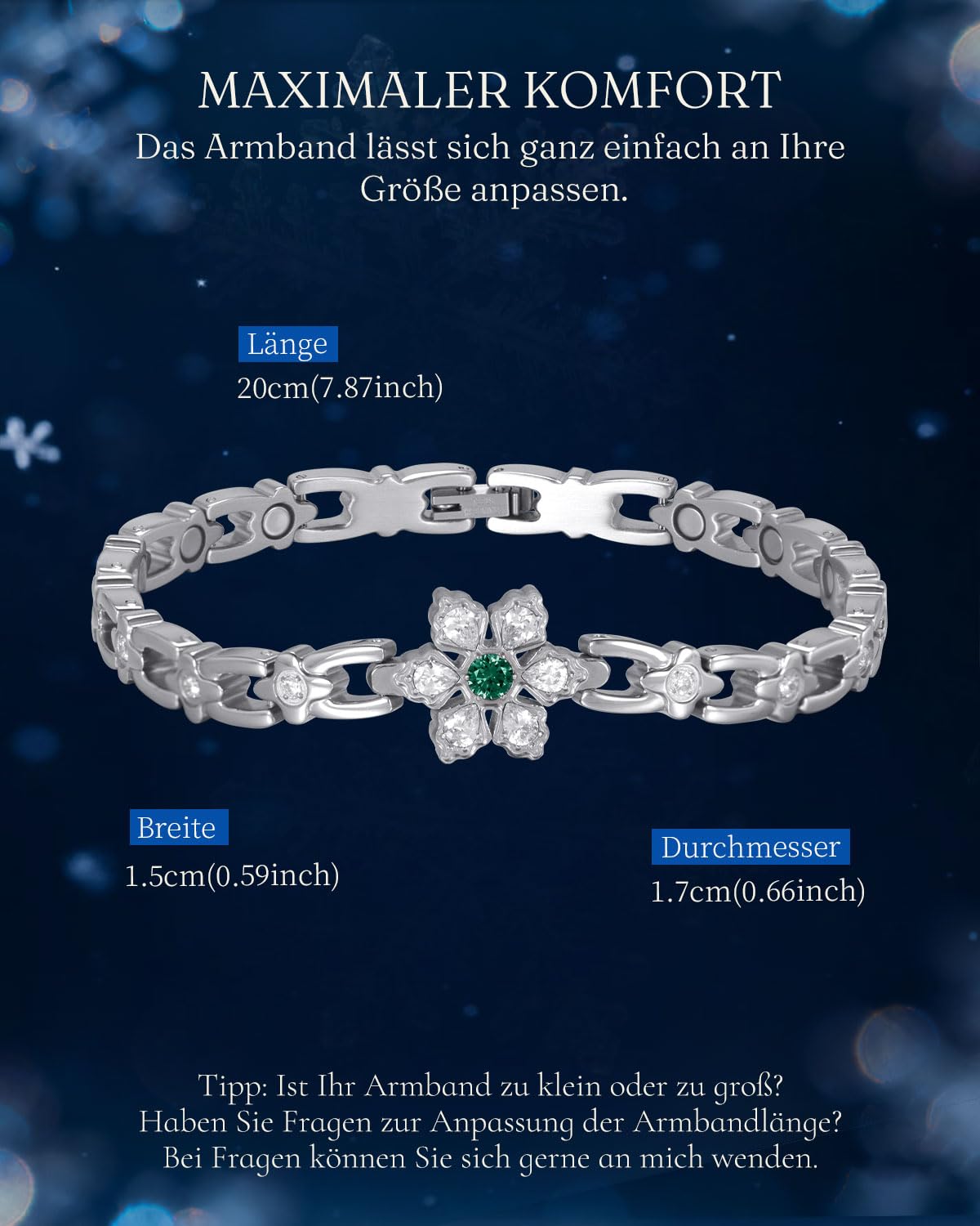 RainSo Bracelet magnétique pour femme | Bracelet en acier inoxydable avec motif flocon de neige | Décoré avec pierres précieuses et cristaux vert foncé | Outil et boîte cadeau inclus
