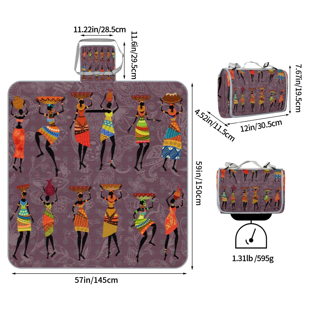 Shimoshe Picnic Blankets 57”x 59”, African Women Waterproof Sandproof Picnic Mat Lightweight Foldable Beach Blanket for Camping Park Grass Beach Outdoor Blanket