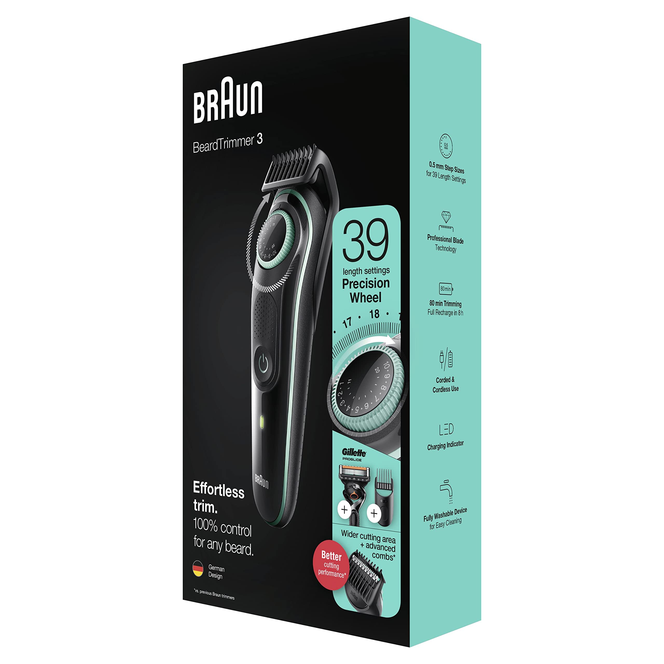 Braun Recortadora de Barba, Máquina Cortar Pelo, Cortapelos Hombre para Cara y Pelo con Láminas Afiladas de Larga Duración y Maquinilla Gillette, 39 Ajustes de Longitud, 3 BT3341, Negro/Verde