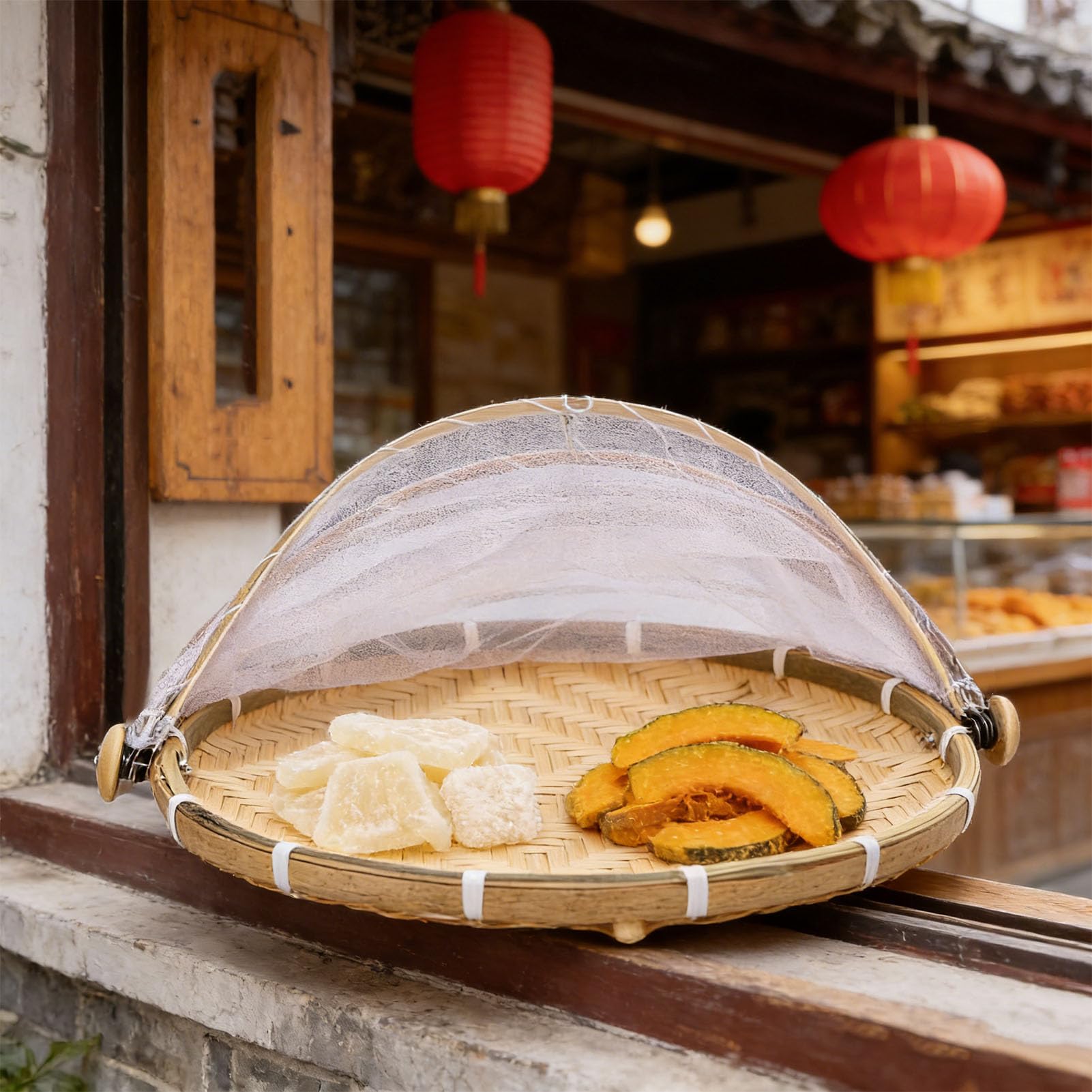 Srliya Cestino da Tenda Rotondo per Servire Cibo con Copertura in Rete per Picnic e Riunioni All'aperto, Contenitore Intrecciato a Mano in 2 Pezzi