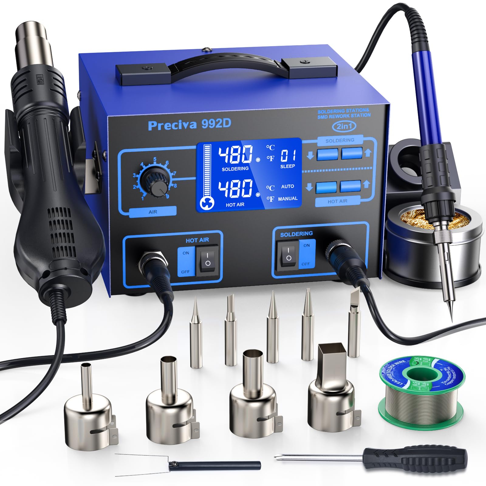 Preciva 992D Station de Soudage à Air Chaud, 690W Pistolet Air Chaud & 60W Fer a Souder, Contrôle de Température PID, Grand Écran LCD, Mode Veille Automatique, pour Réparation SMD, QFP, BGA