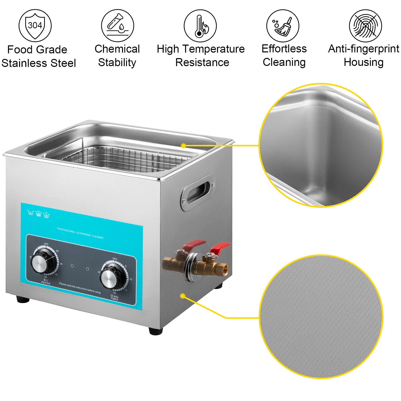 Moh Nettoyeur à Ultrasons avec Minuterie de Chauffage 10 L, Professionnel Nettoyeur à Ultrasons 220 V, Nettoyeur Ultrasons en Acier Inoxydable 40 kHz pour Nettoyage des Bagues de Lunettes Instrument