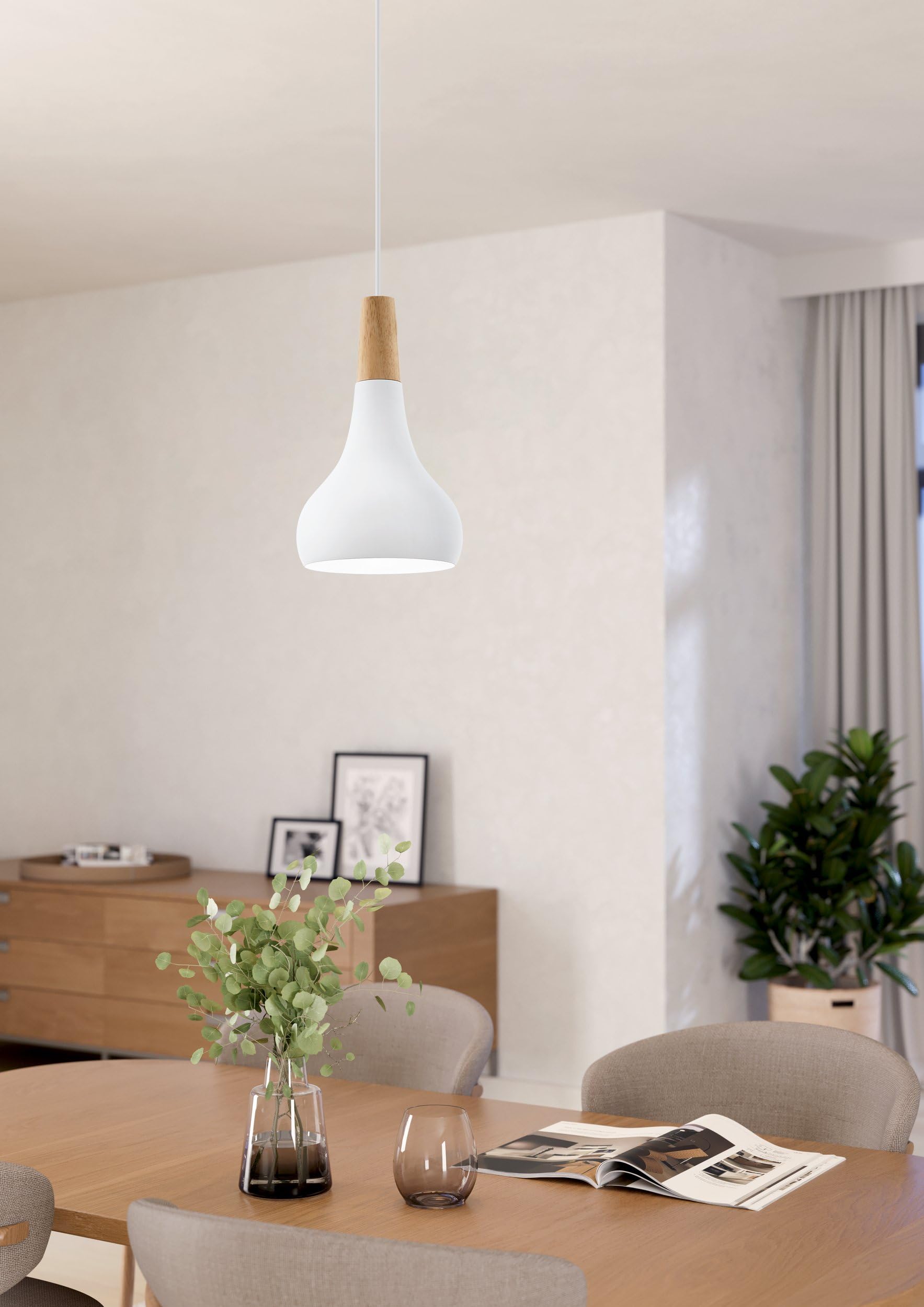 Eglo Sabinar Lámpara colgante de 1 foco de acero y madera, color: blanco